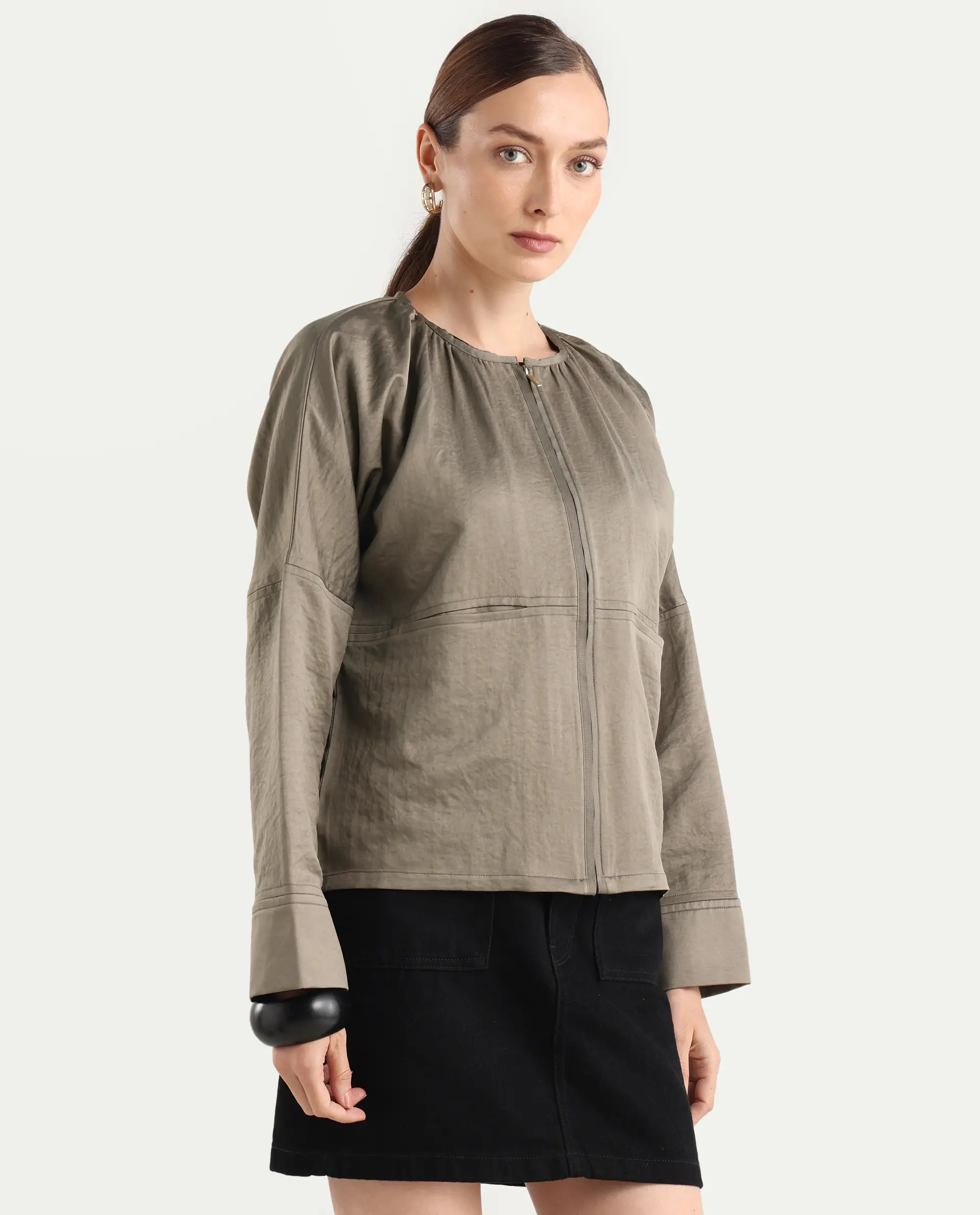 Rareism Women's Nisat Olive Polyester Round Neck Relaxed Plain Jacket - Image 7