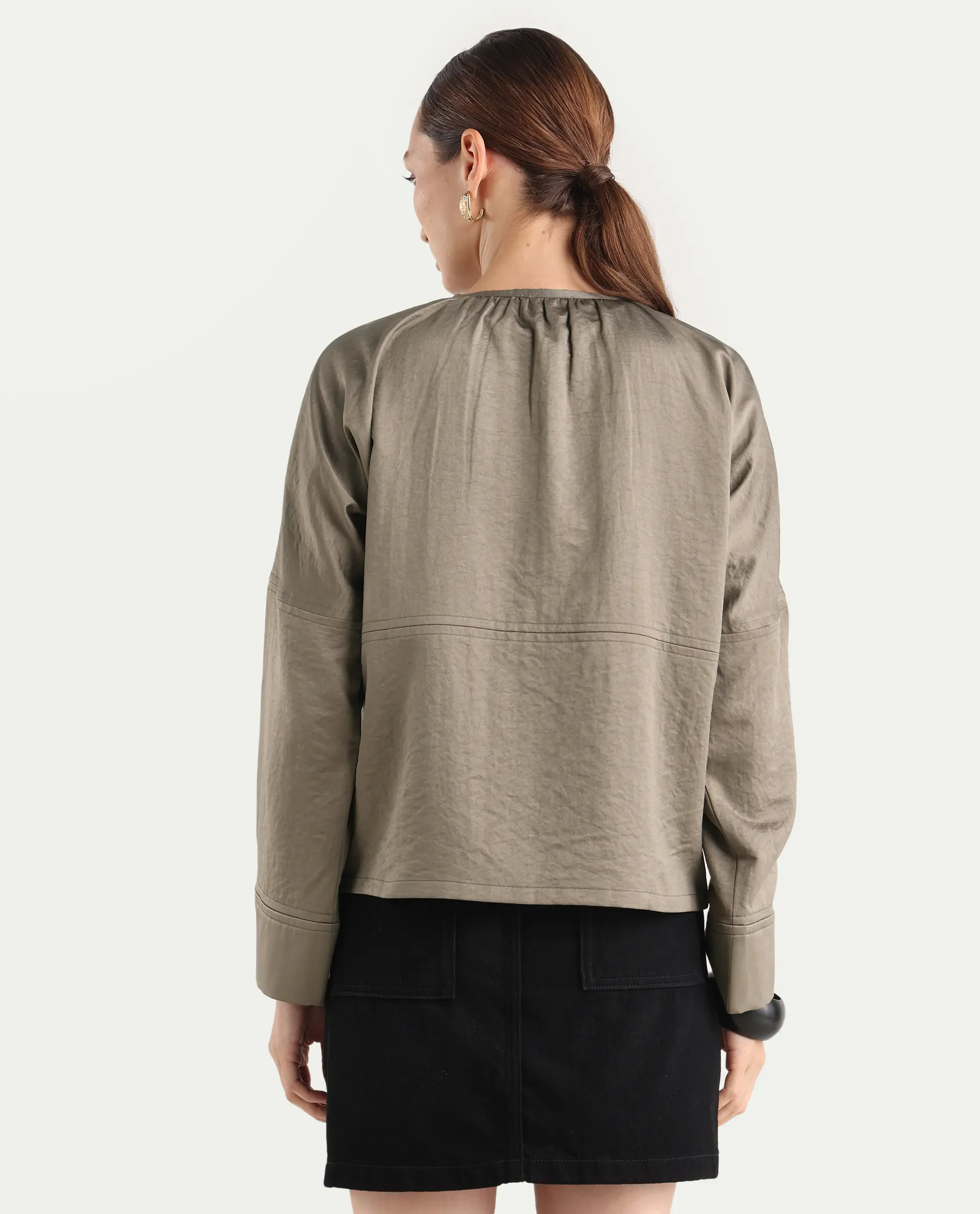 Rareism Women's Nisat Olive Polyester Round Neck Relaxed Plain Jacket - Image 8