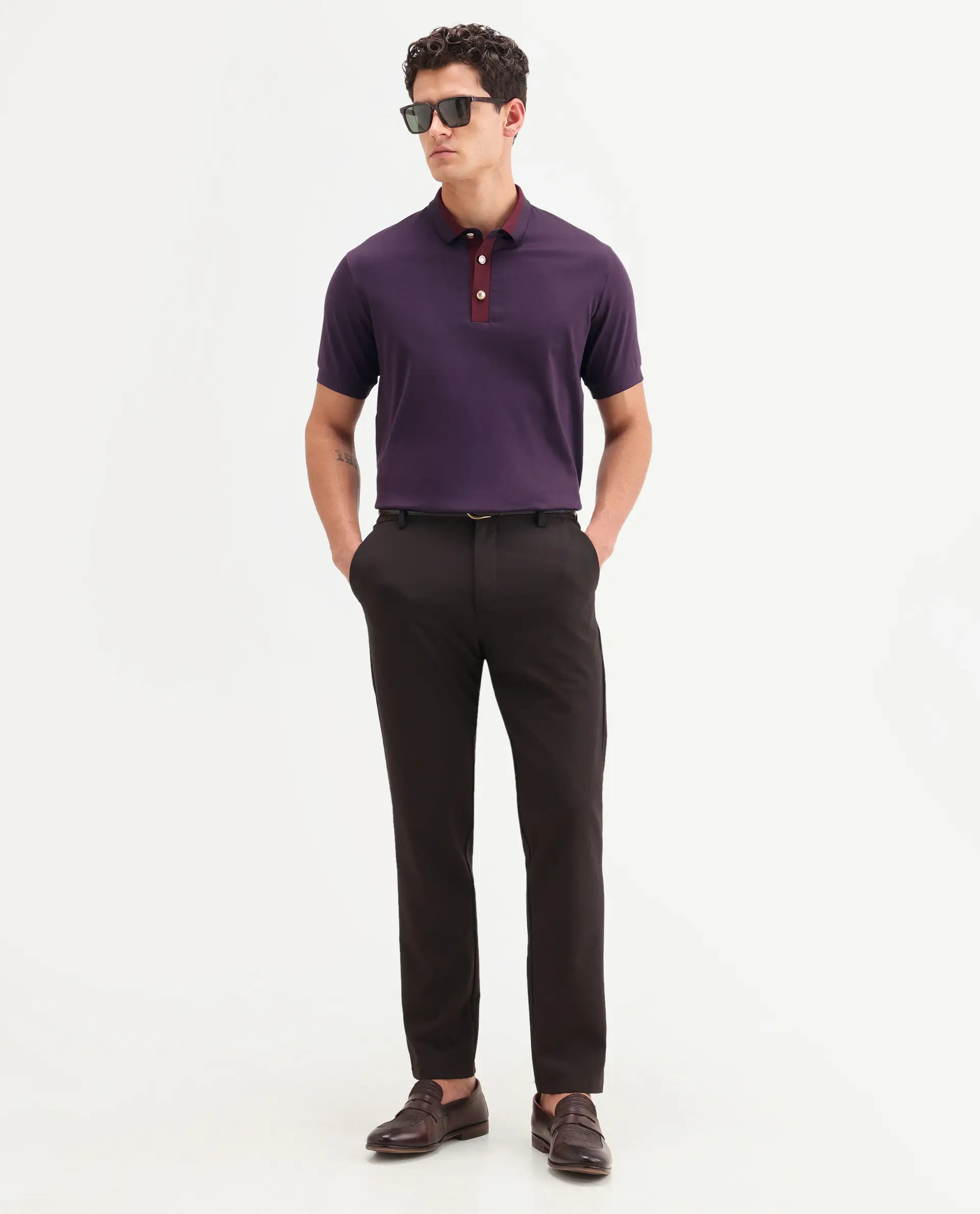 Rare Rabbit Men's Nish Dark Purple Cotton Fabric Half Sleeve Spread Collar Regular Fit Plain Polo - Image 2
