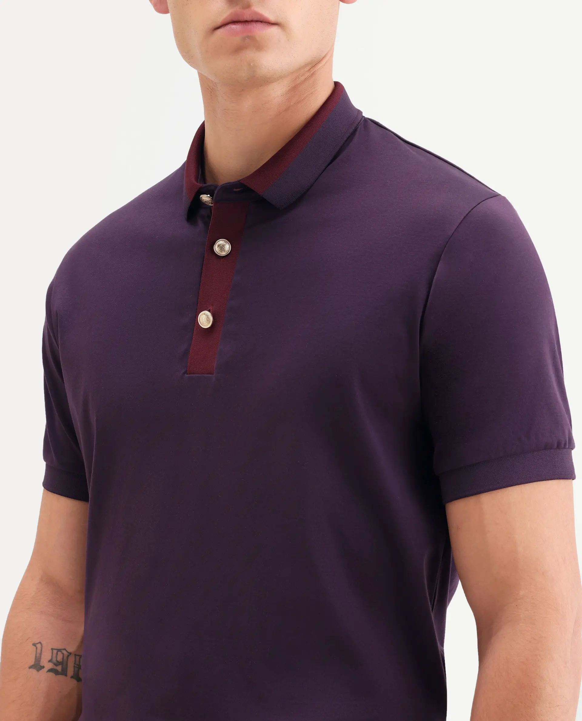 Rare Rabbit Men's Nish Dark Purple Cotton Fabric Half Sleeve Spread Collar Regular Fit Plain Polo - Image 3