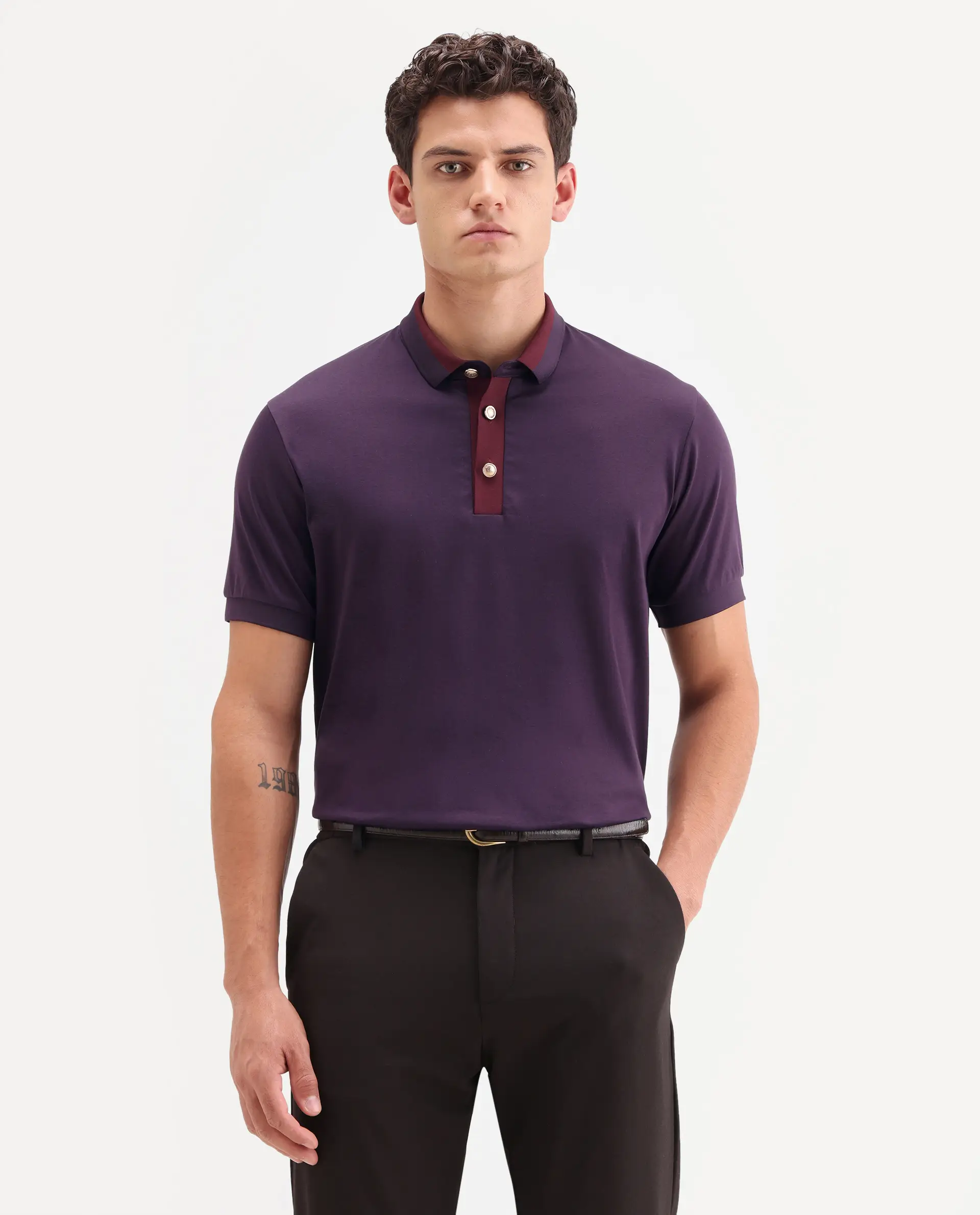 Rare Rabbit Men's Nish Dark Purple Cotton Fabric Half Sleeve Spread Collar Regular Fit Plain Polo - Image 4