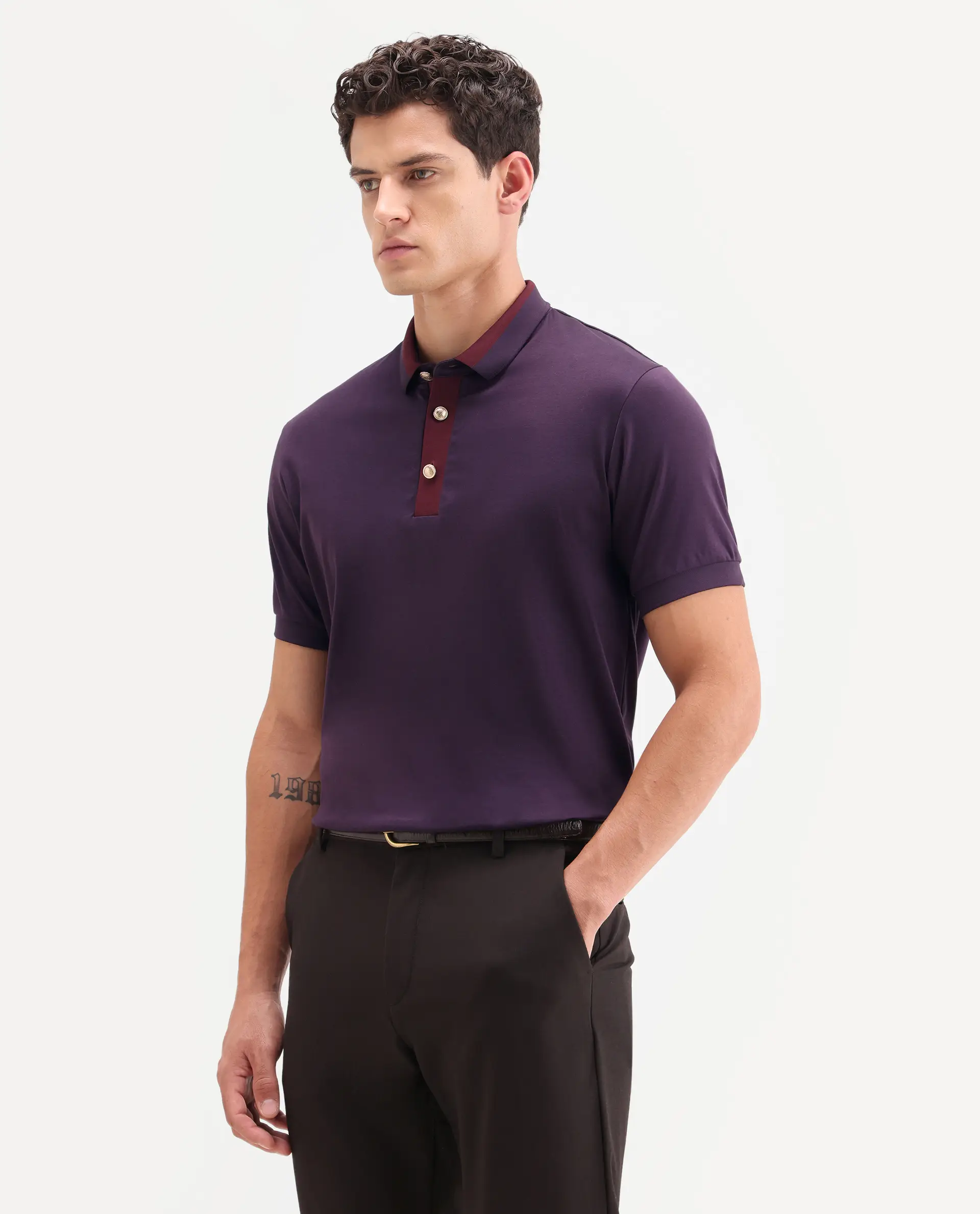 Rare Rabbit Men's Nish Dark Purple Cotton Fabric Half Sleeve Spread Collar Regular Fit Plain Polo - Image 5