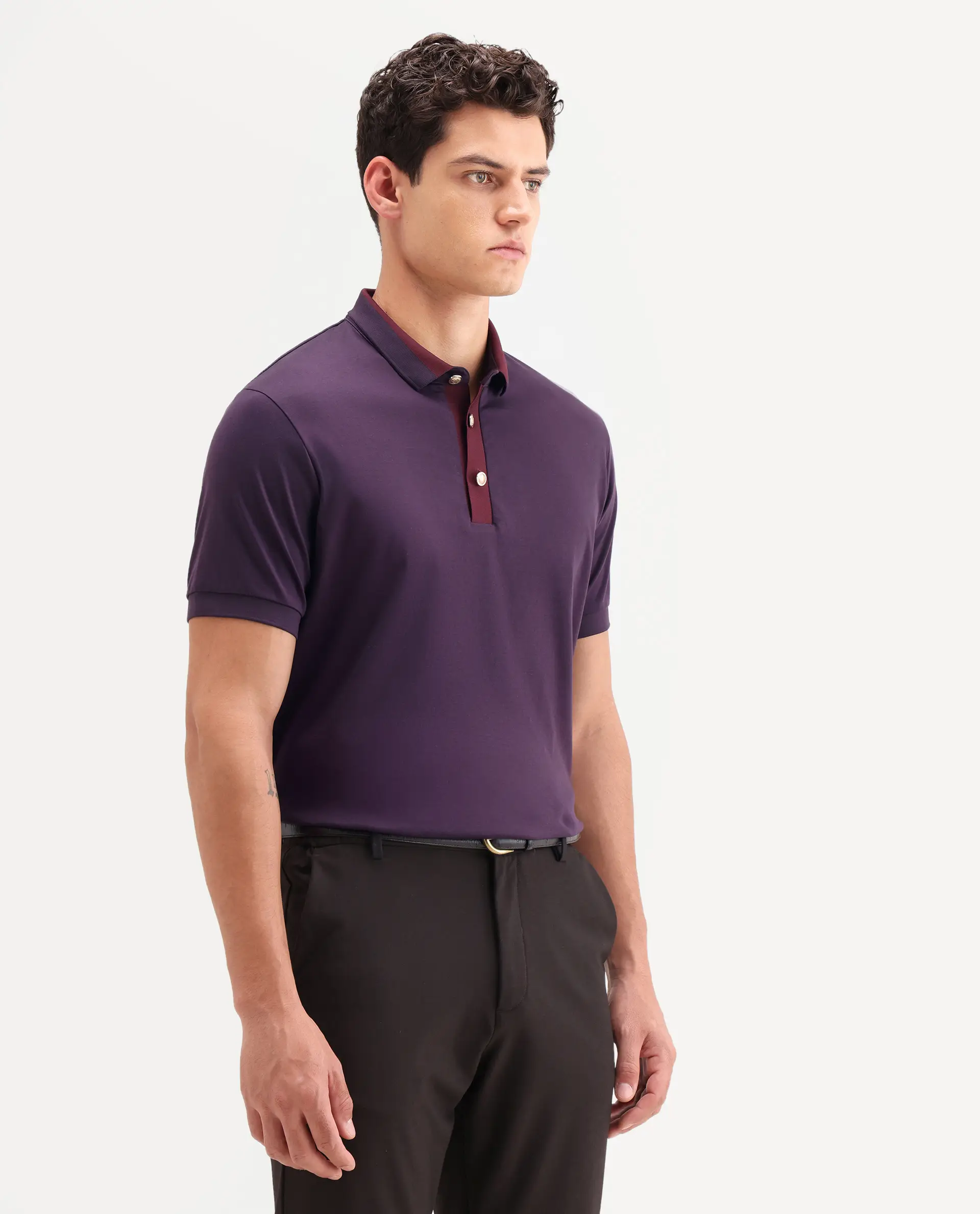 Rare Rabbit Men's Nish Dark Purple Cotton Fabric Half Sleeve Spread Collar Regular Fit Plain Polo - Image 6