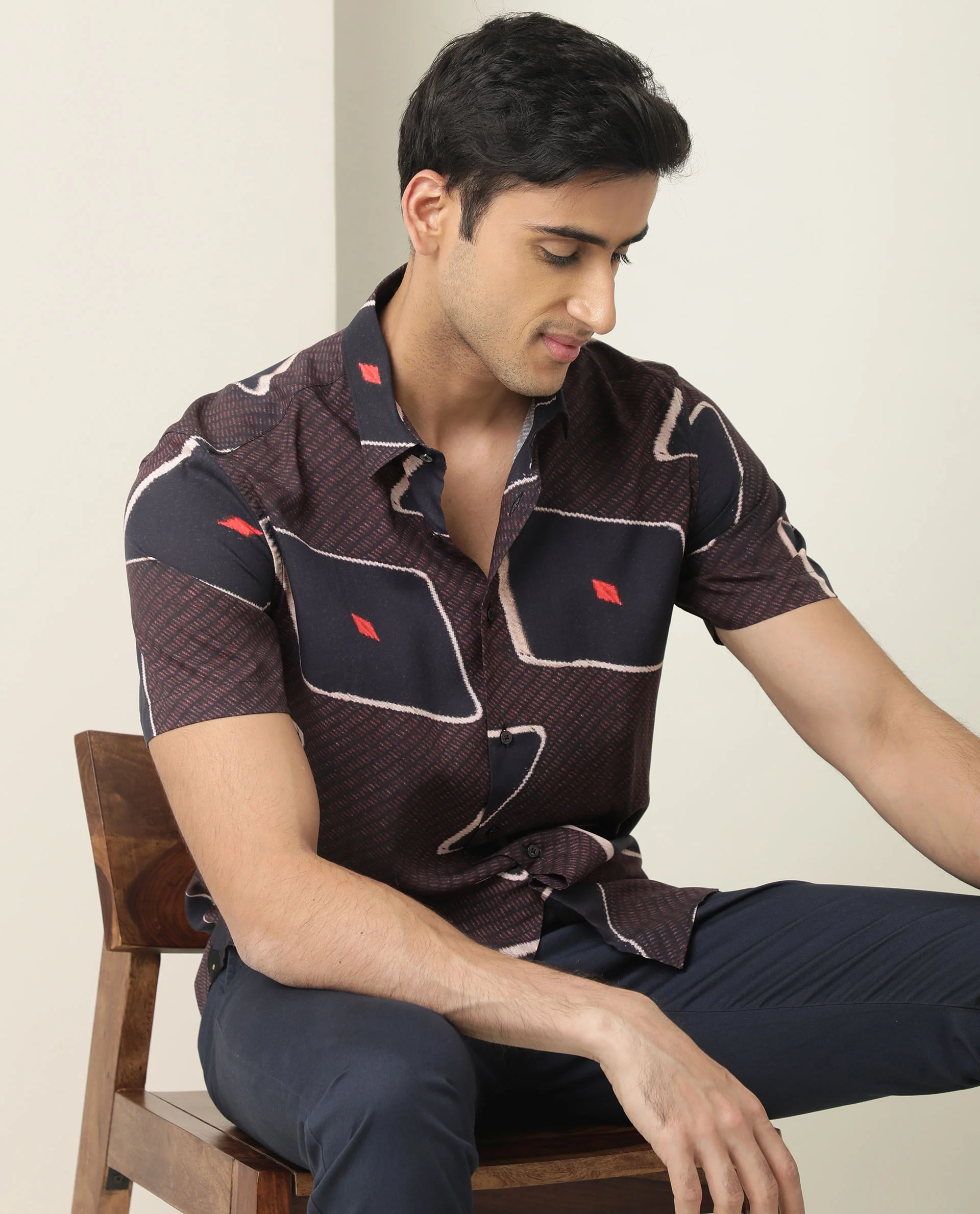 Rare Rabbit Men's Nistic Brown Viscose Geometric Print Regular Fit Half Sleeve Collared Shirt - Image 2