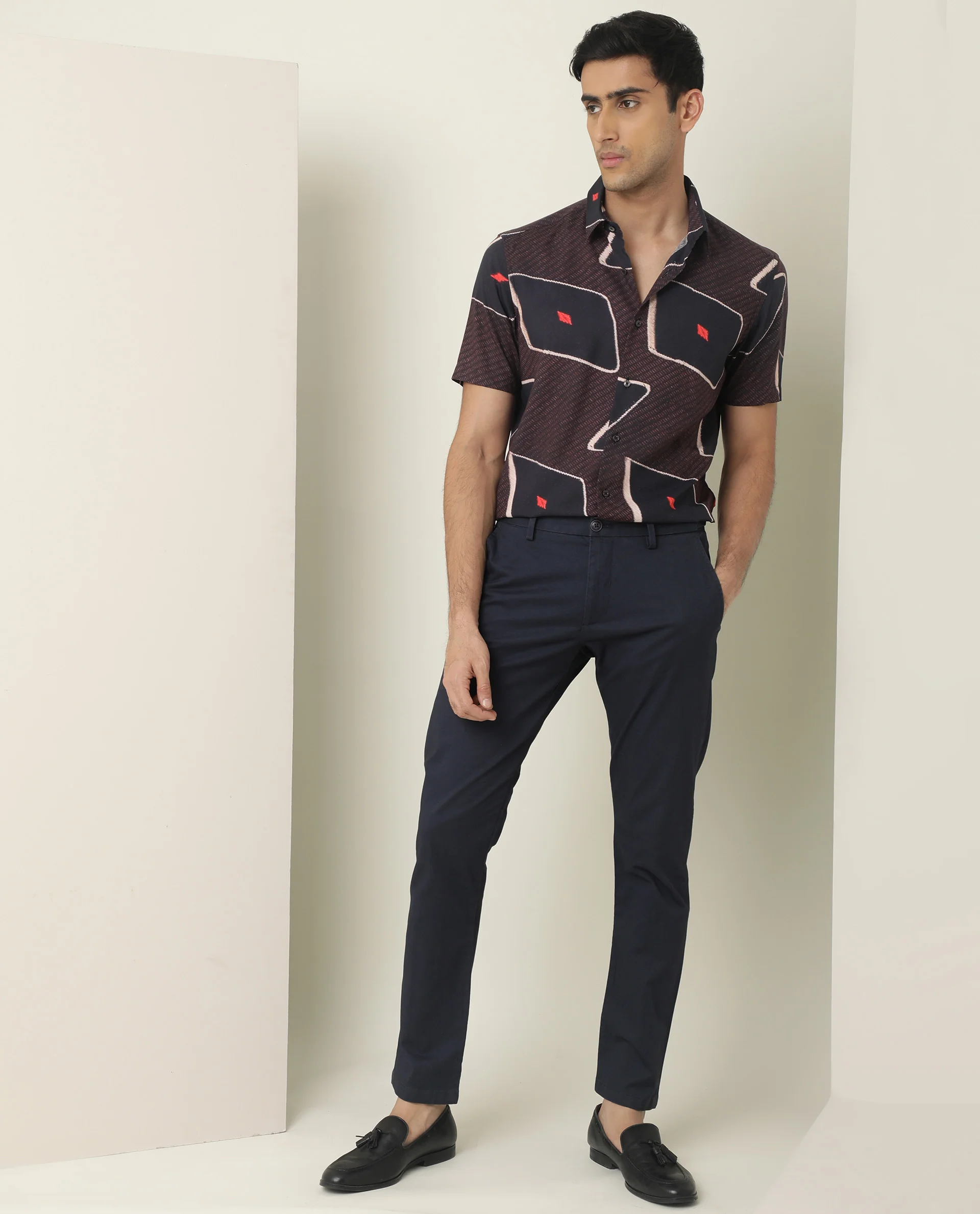 Rare Rabbit Men's Nistic Brown Viscose Geometric Print Regular Fit Half Sleeve Collared Shirt - Image 3