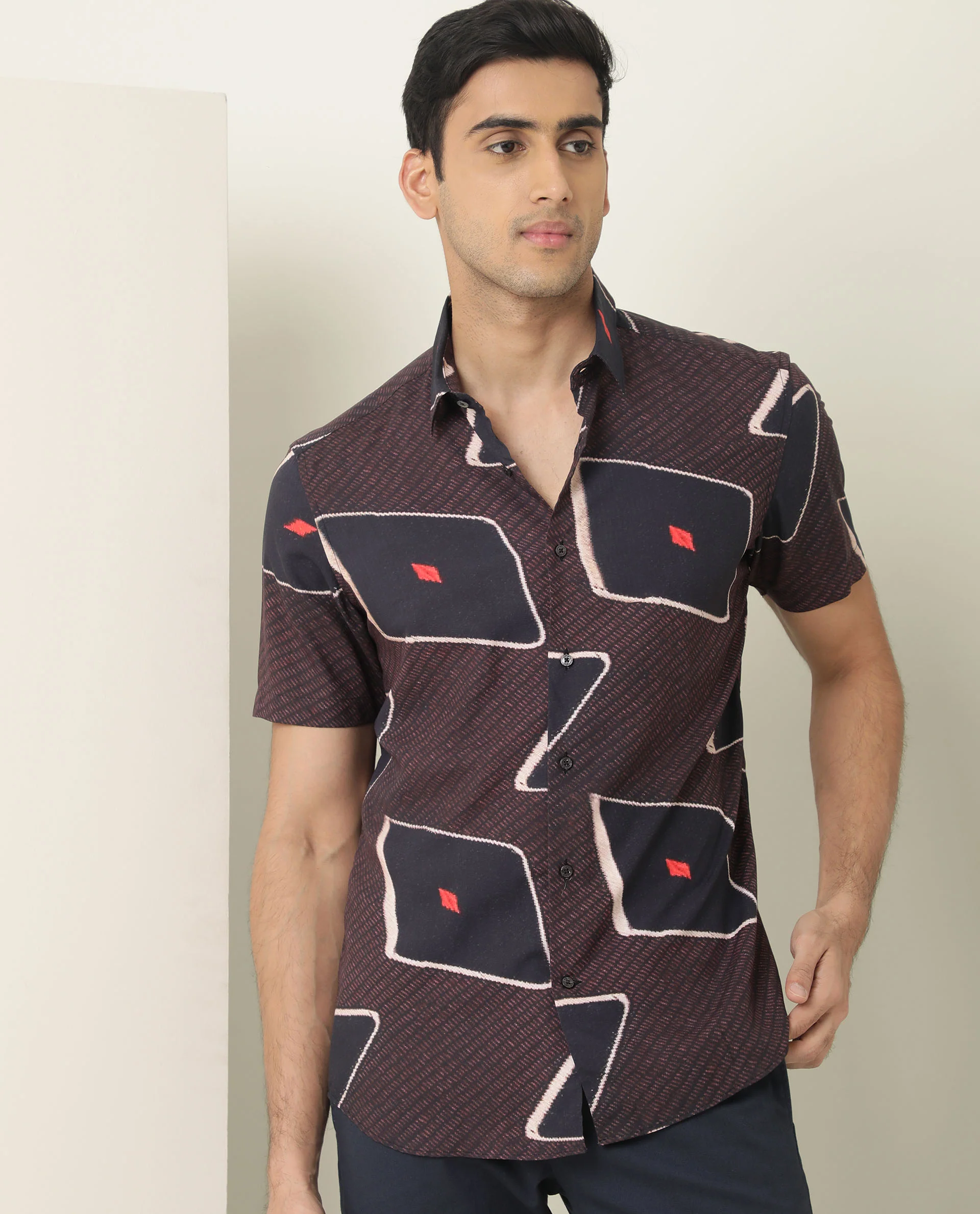 Rare Rabbit Men's Nistic Brown Viscose Geometric Print Regular Fit Half Sleeve Collared Shirt - Image 4
