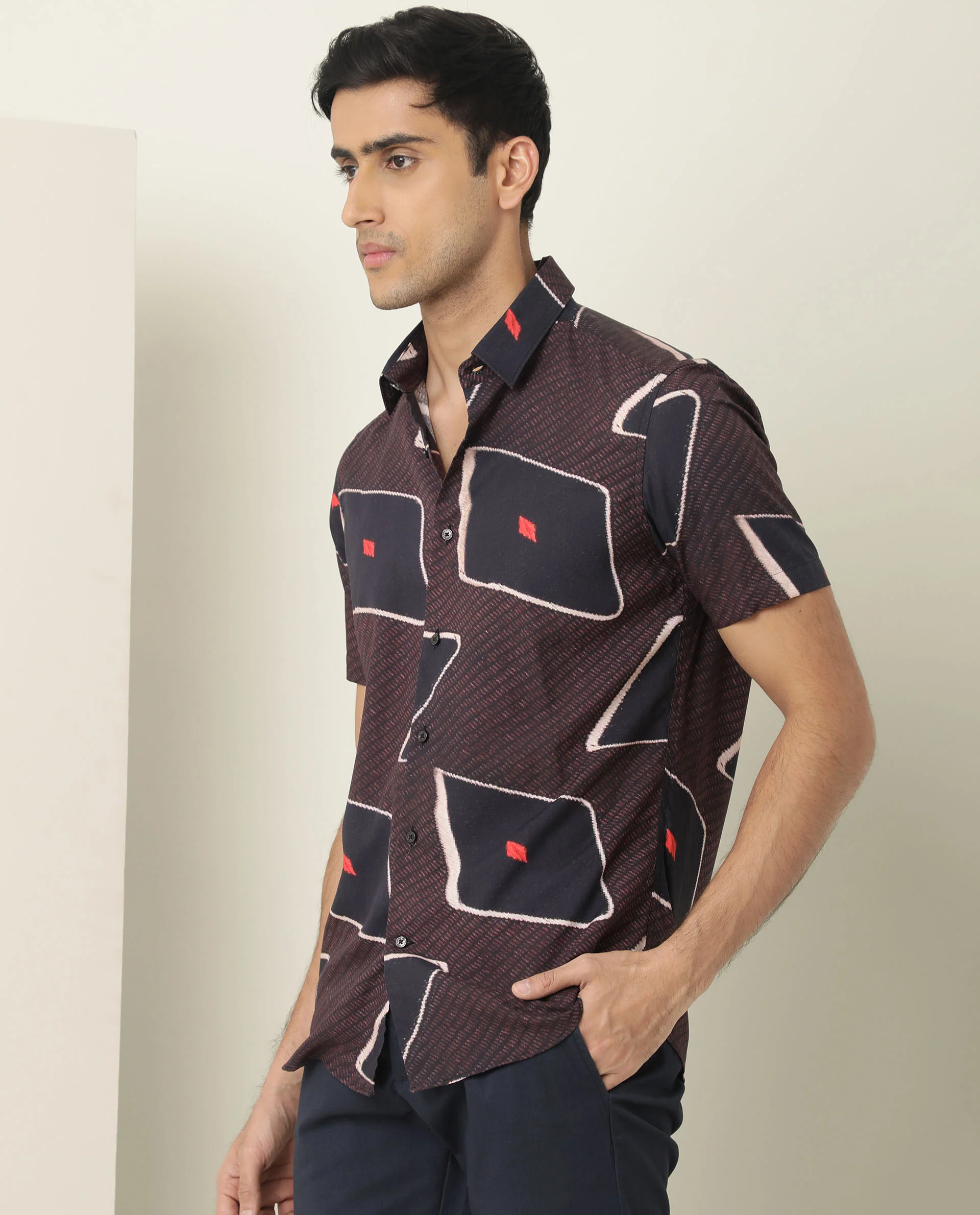Rare Rabbit Men's Nistic Brown Viscose Geometric Print Regular Fit Half Sleeve Collared Shirt - Image 6