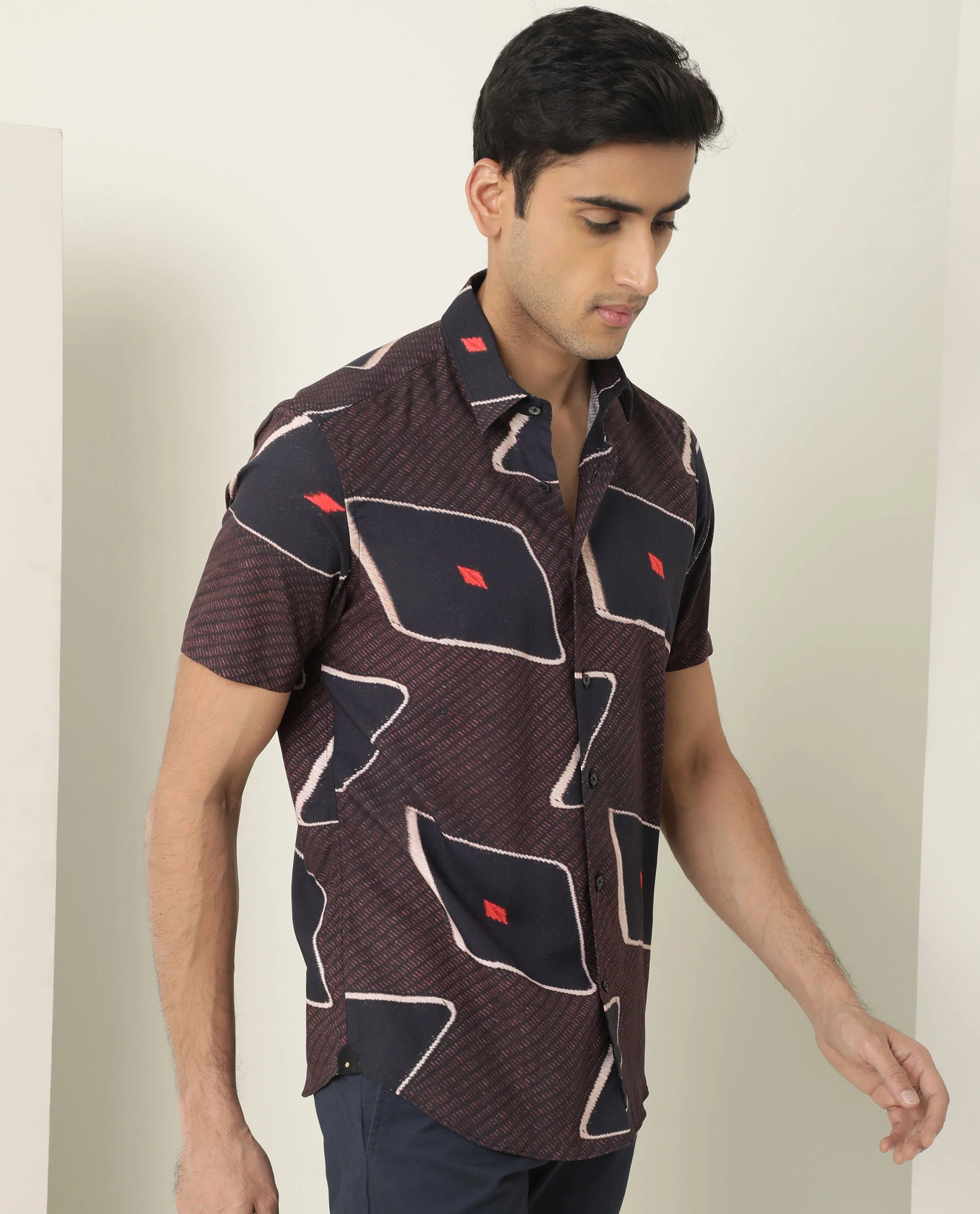 Rare Rabbit Men's Nistic Brown Viscose Geometric Print Regular Fit Half Sleeve Collared Shirt - Image 7
