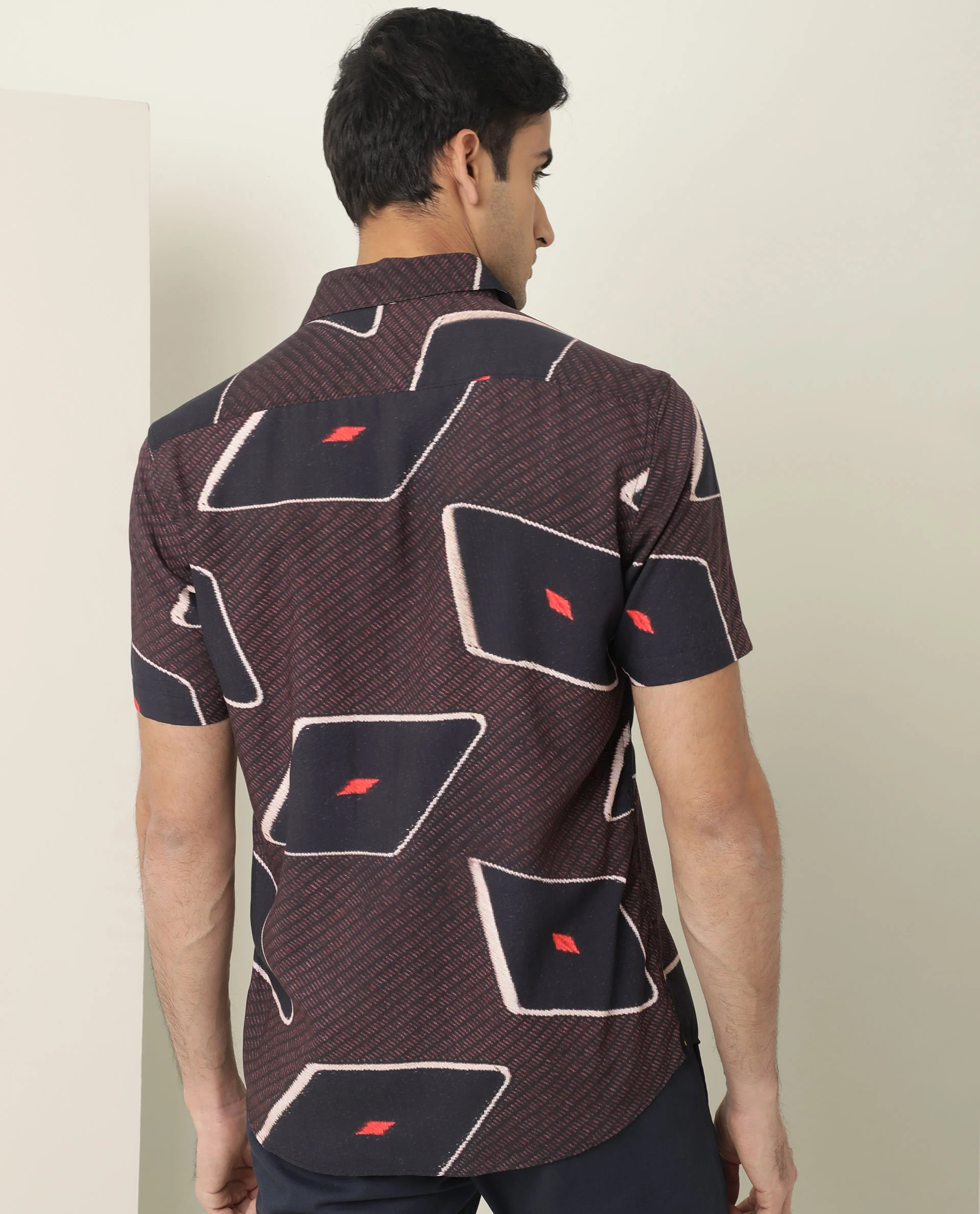 Rare Rabbit Men's Nistic Brown Viscose Geometric Print Regular Fit Half Sleeve Collared Shirt - Image 8