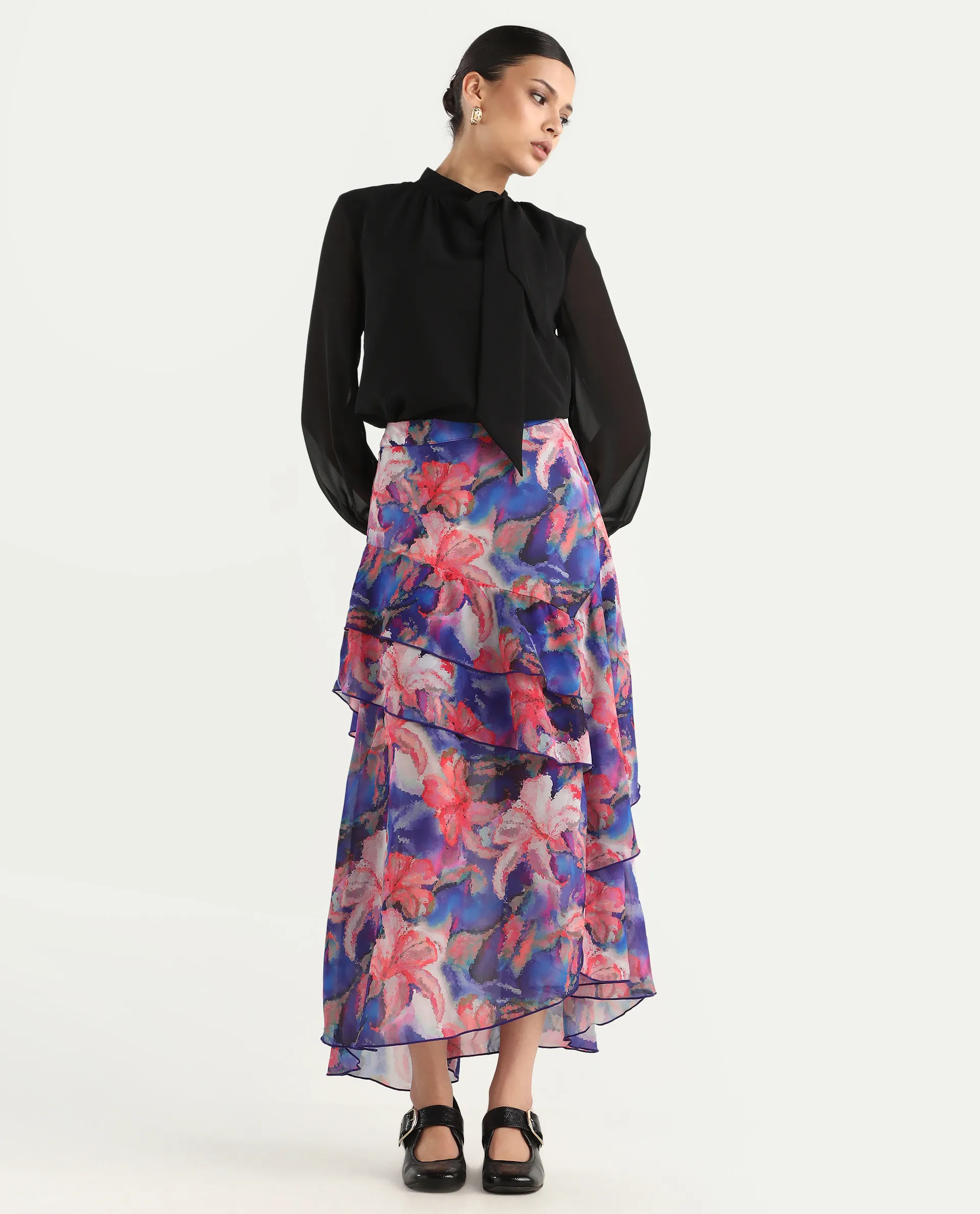 Rareism Women's Nitane Purple Polyester Floral Print Maxi Flared Skirt