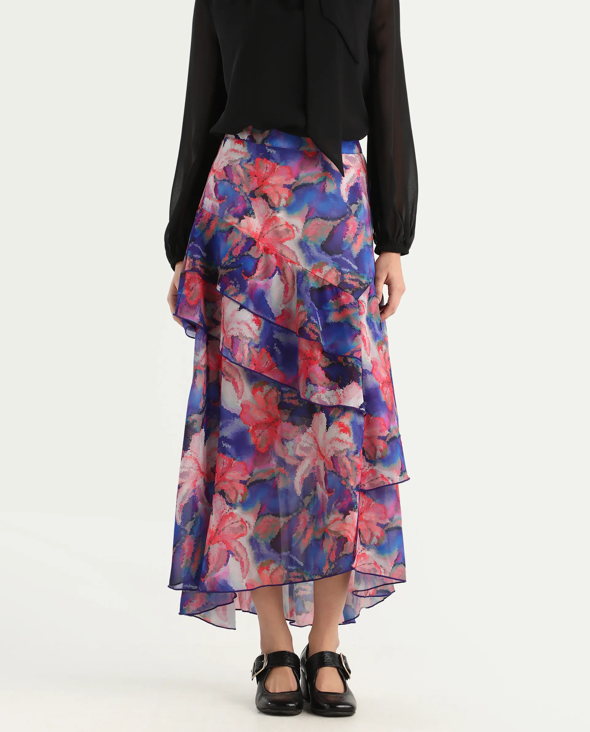 Rareism Women's Nitane Purple Polyester Floral Print Maxi Flared Skirt - Image 2