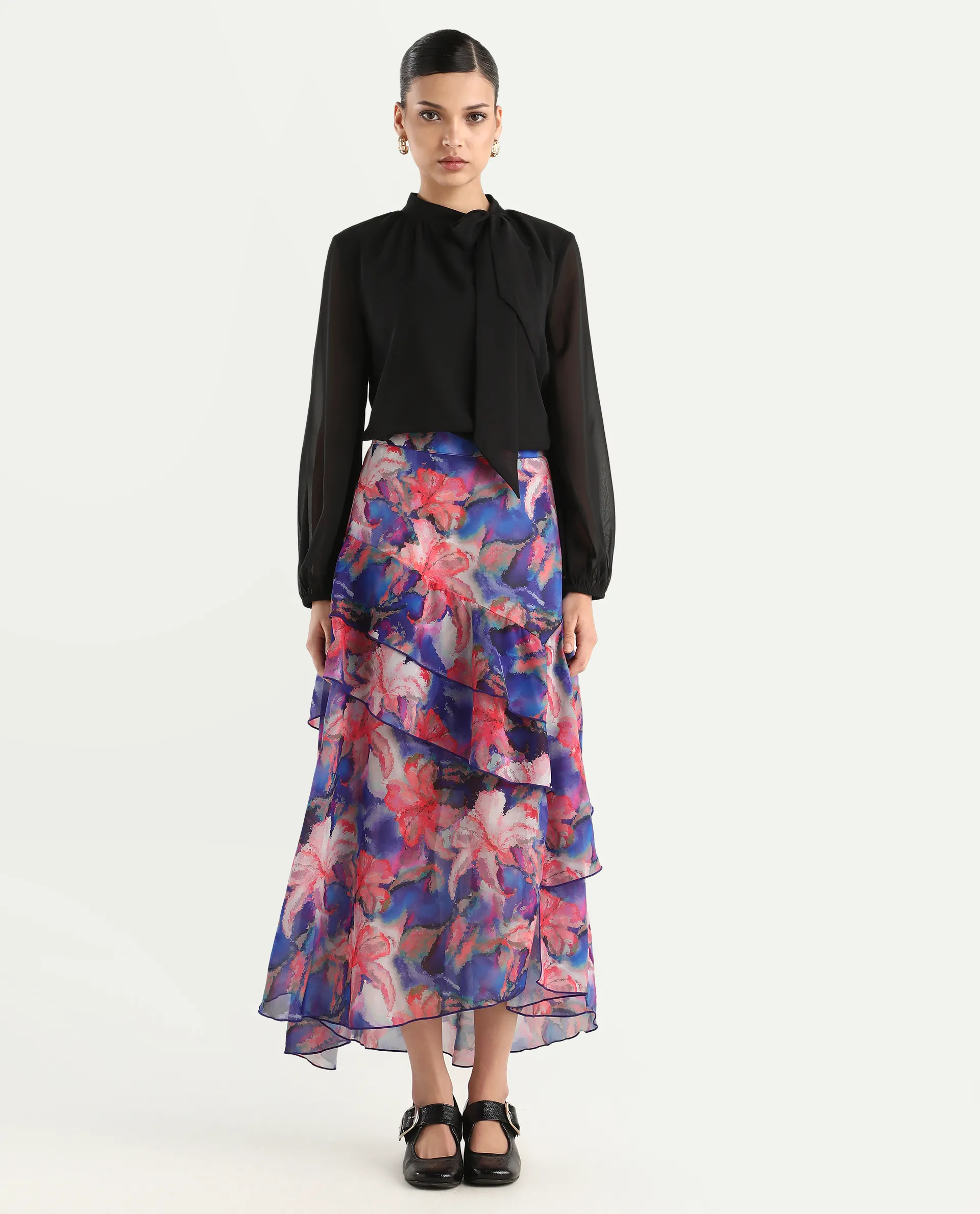 Rareism Women's Nitane Purple Polyester Floral Print Maxi Flared Skirt - Image 3