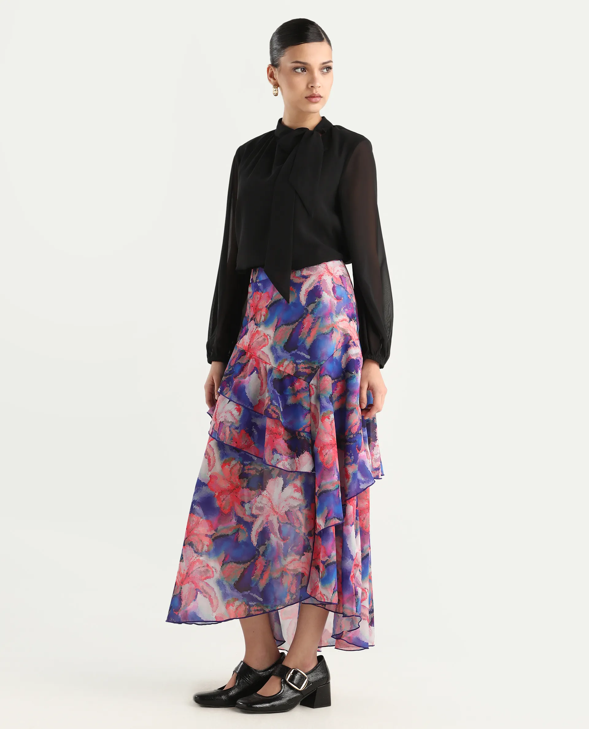 Rareism Women's Nitane Purple Polyester Floral Print Maxi Flared Skirt - Image 6