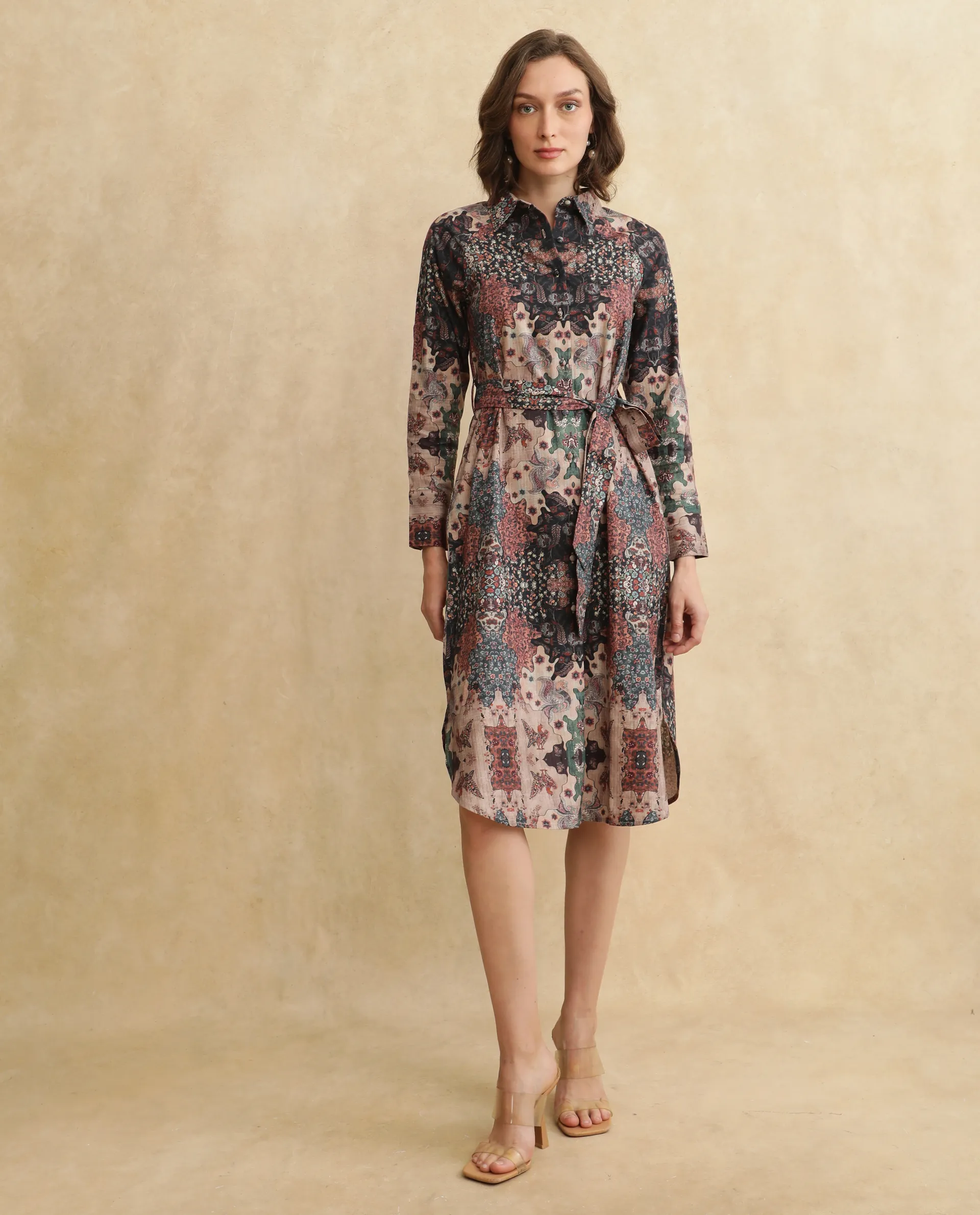 Rareism Women's Nitew Dark Multi Cotton Blend Drop Collar Abstract Print Raglan Sleeve Midi Straight Fit Dress - Image 2