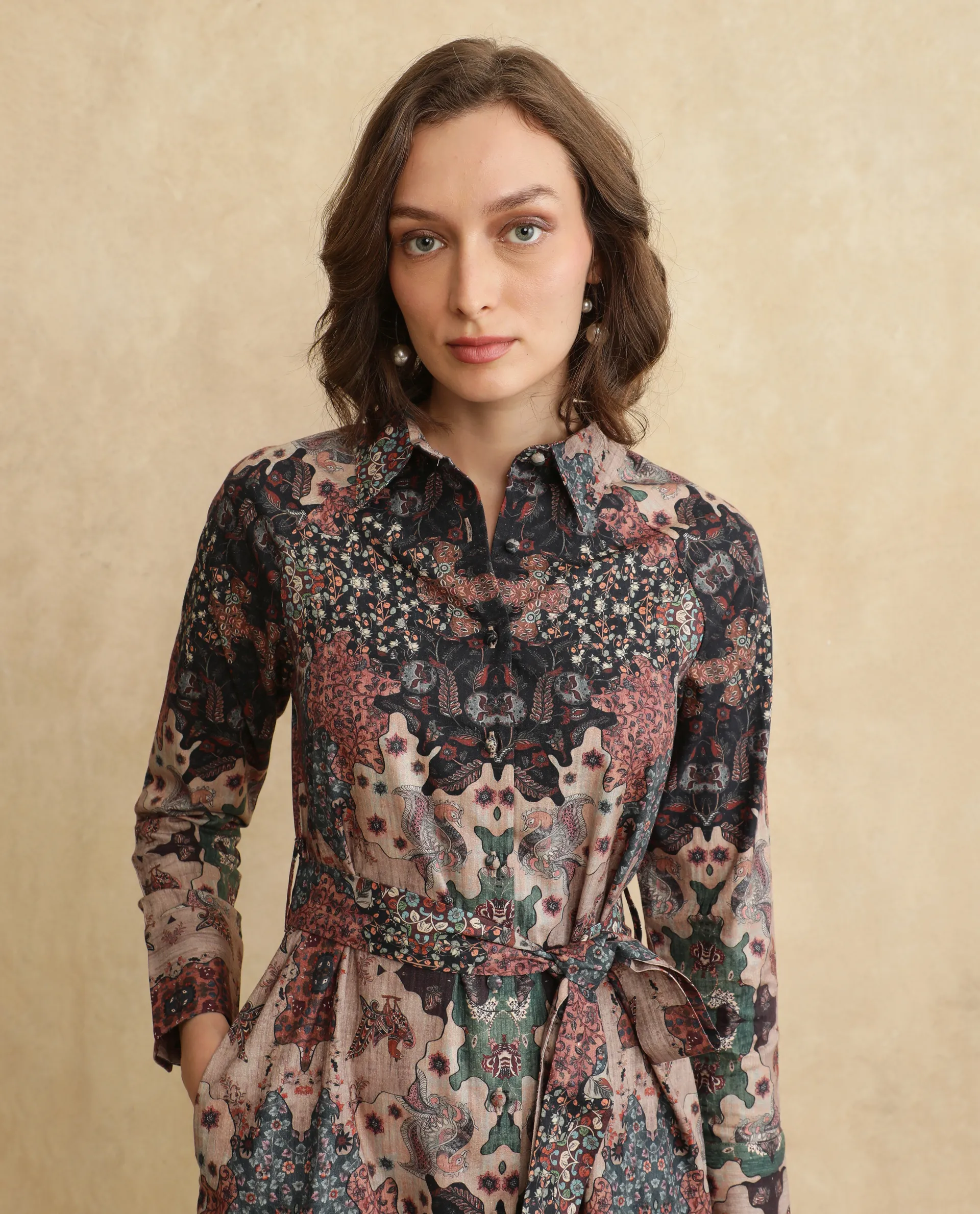 Rareism Women's Nitew Dark Multi Cotton Blend Drop Collar Abstract Print Raglan Sleeve Midi Straight Fit Dress - Image 4