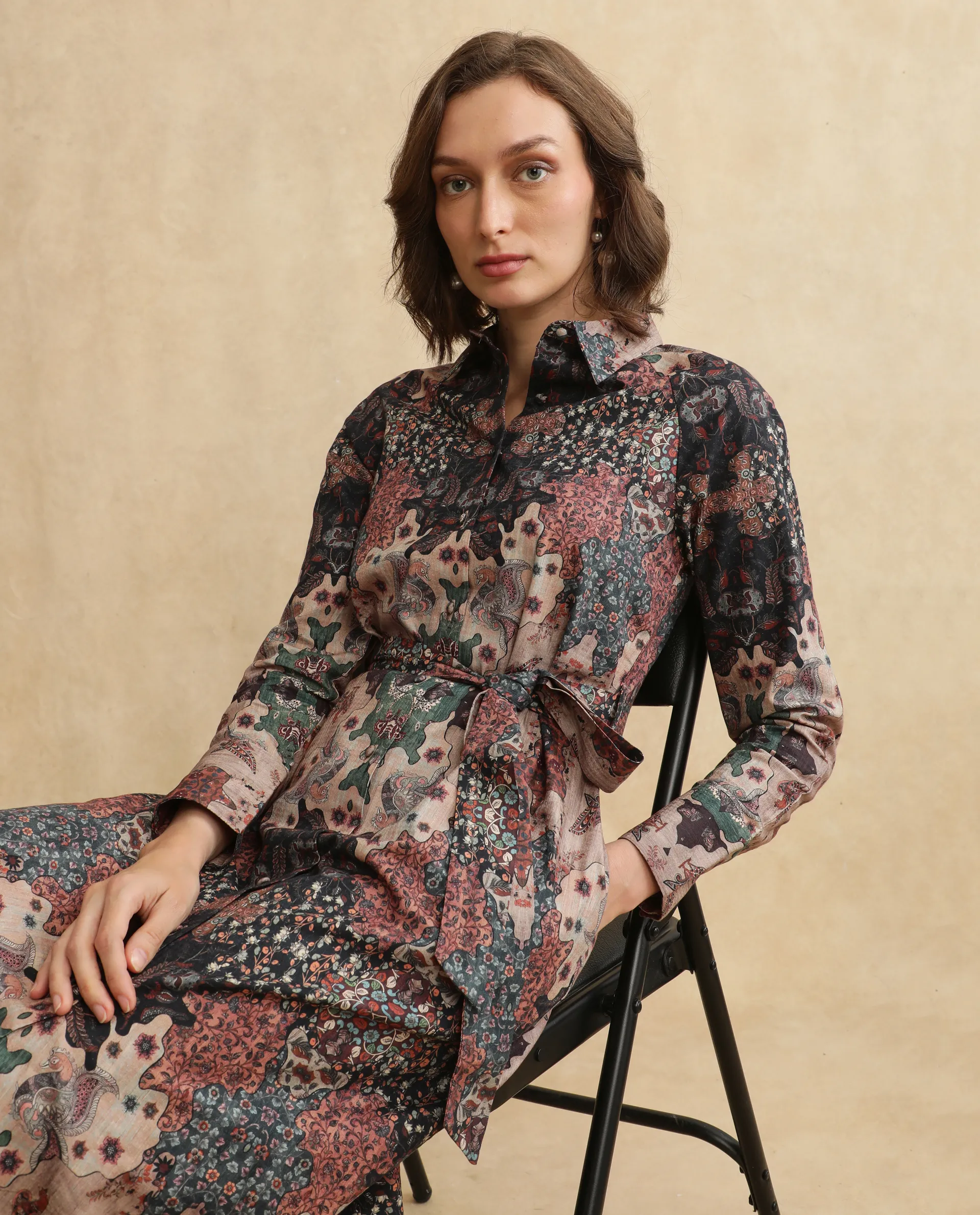 Rareism Women's Nitew Dark Multi Cotton Blend Drop Collar Abstract Print Raglan Sleeve Midi Straight Fit Dress - Image 5
