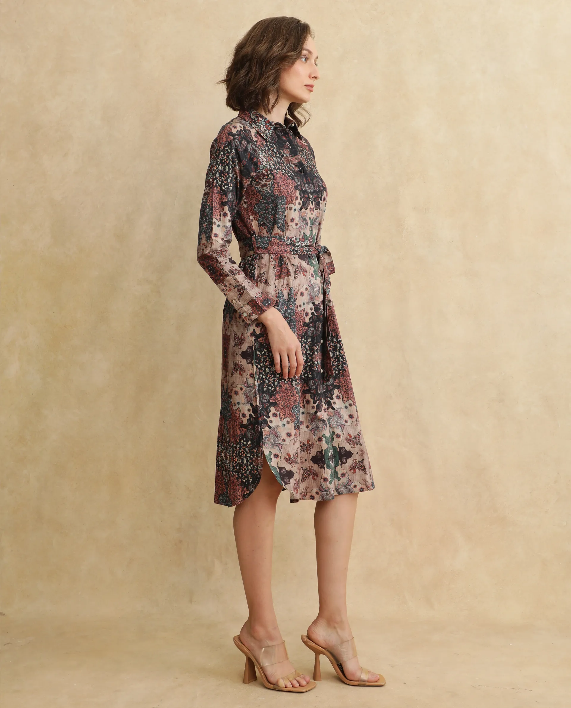 Rareism Women's Nitew Dark Multi Cotton Blend Drop Collar Abstract Print Raglan Sleeve Midi Straight Fit Dress - Image 7