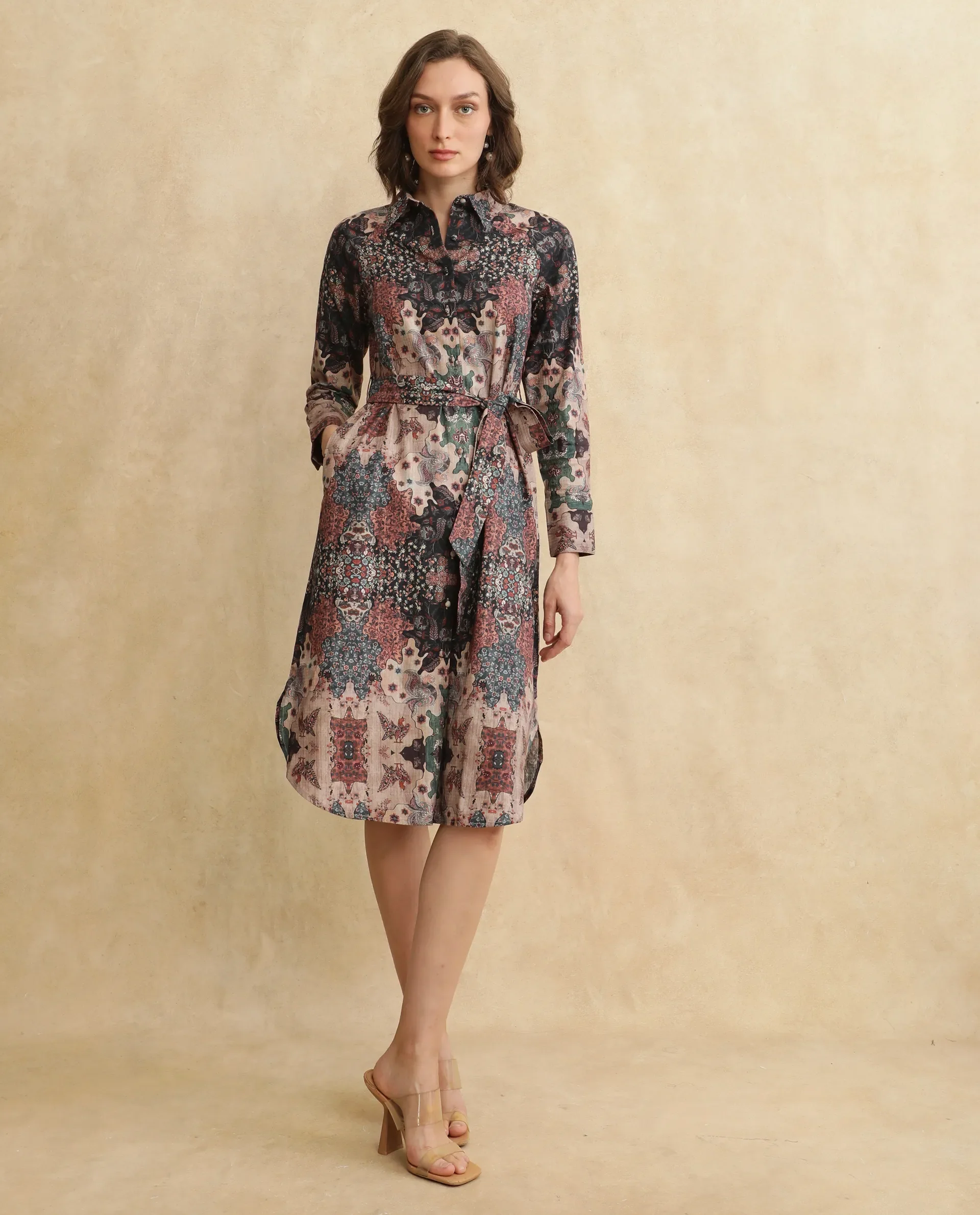 Rareism Women's Nitew Dark Multi Cotton Blend Drop Collar Abstract Print Raglan Sleeve Midi Straight Fit Dress - Image 9