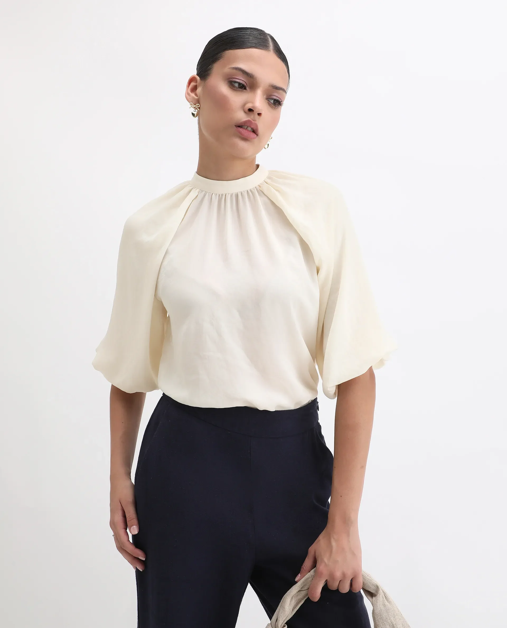 Rareism Women's Nito Beige Satin Mandarin Collar Plain Raglan Sleeve Regular Fit Top - Image 2