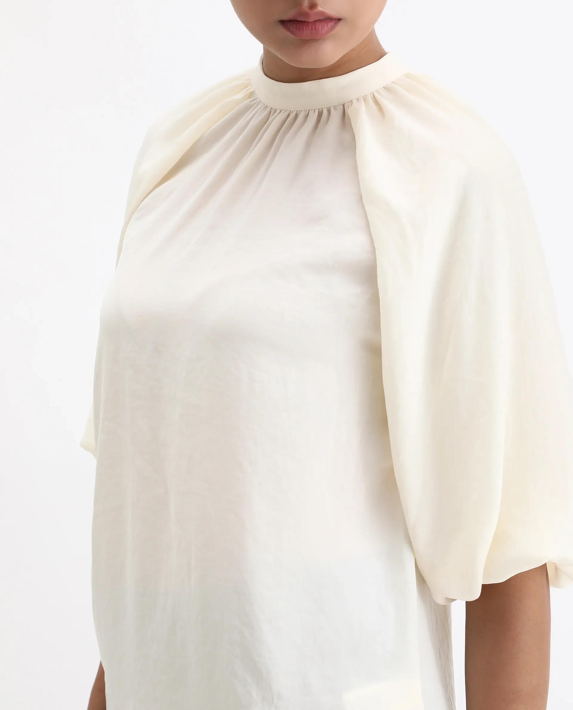 Rareism Women's Nito Beige Satin Mandarin Collar Plain Raglan Sleeve Regular Fit Top - Image 3