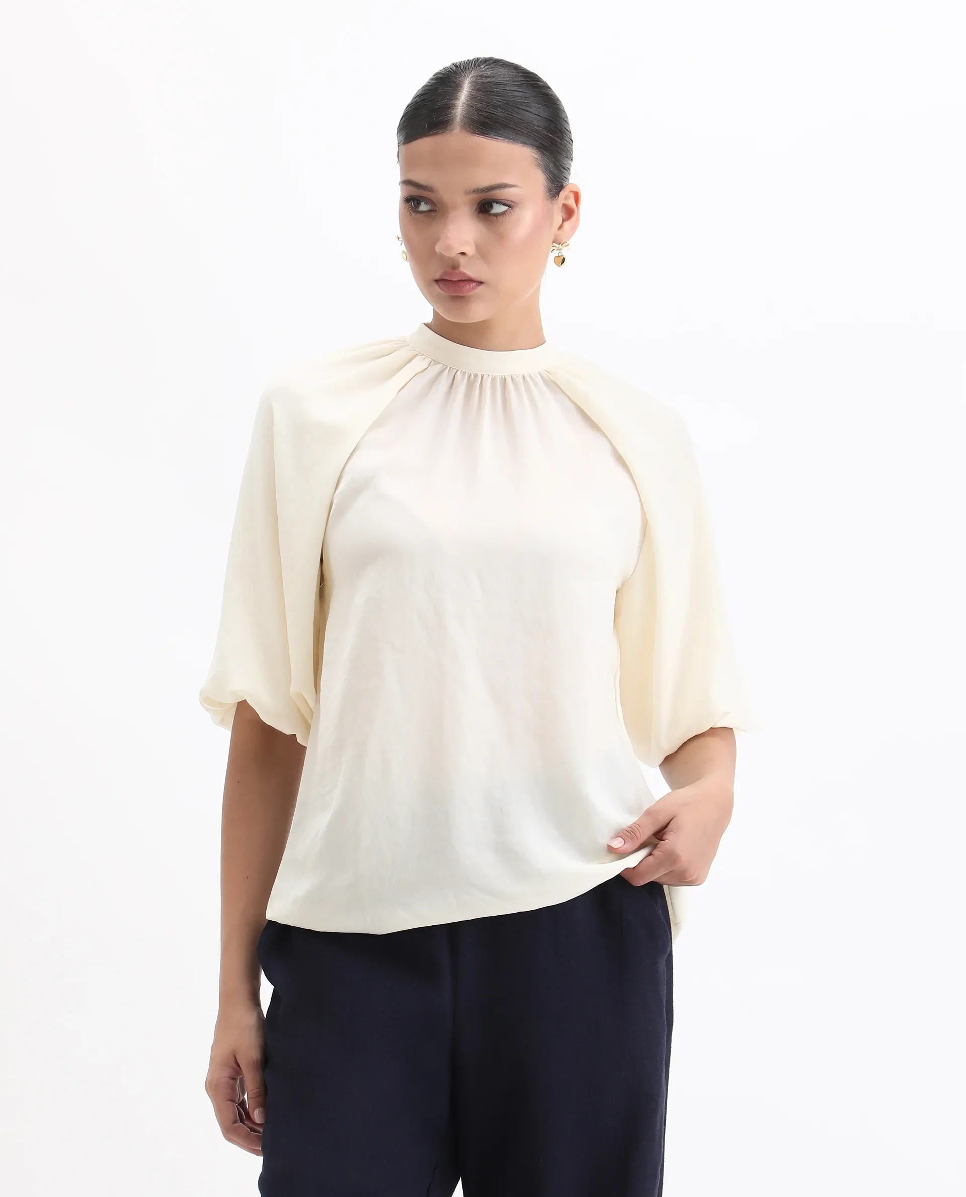 Rareism Women's Nito Beige Satin Mandarin Collar Plain Raglan Sleeve Regular Fit Top - Image 4