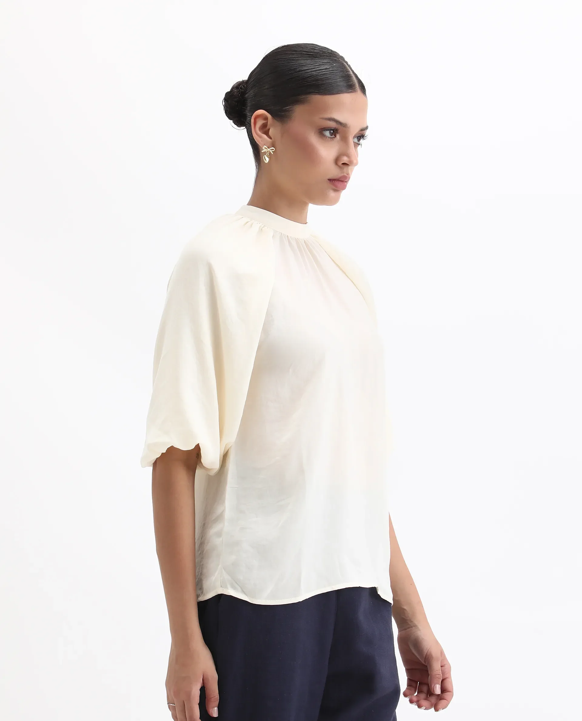 Rareism Women's Nito Beige Satin Mandarin Collar Plain Raglan Sleeve Regular Fit Top - Image 5