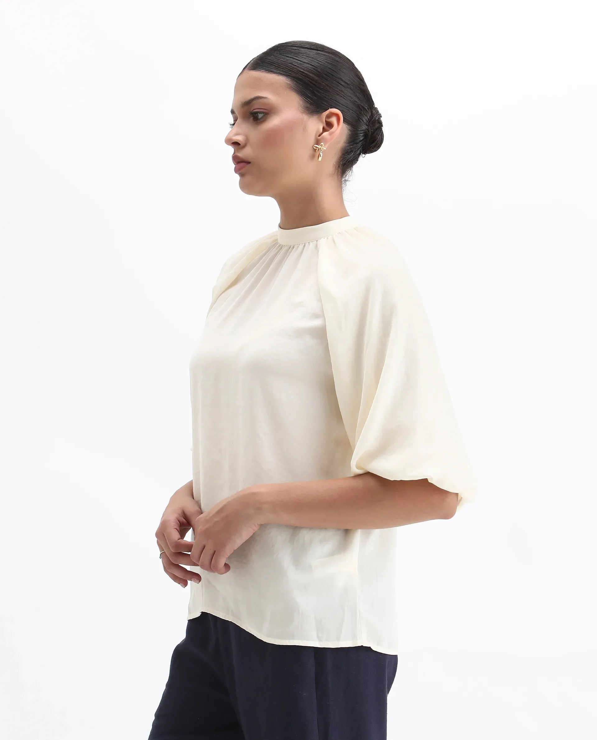 Rareism Women's Nito Beige Satin Mandarin Collar Plain Raglan Sleeve Regular Fit Top - Image 6