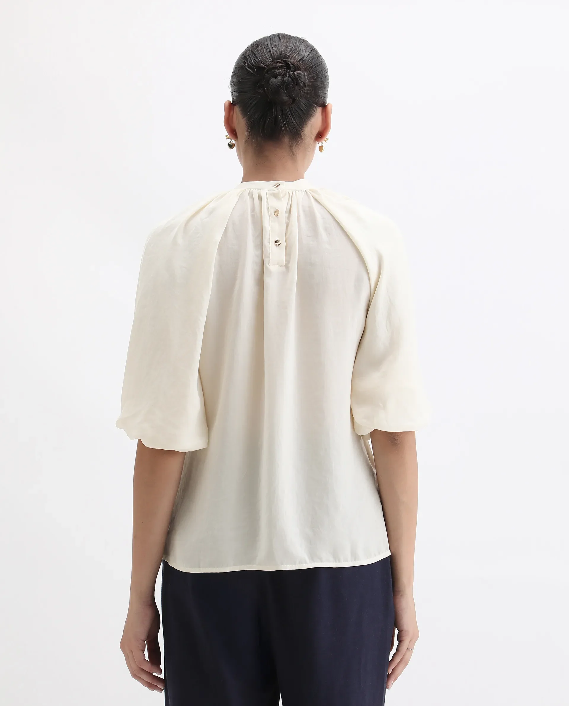 Rareism Women's Nito Beige Satin Mandarin Collar Plain Raglan Sleeve Regular Fit Top - Image 7