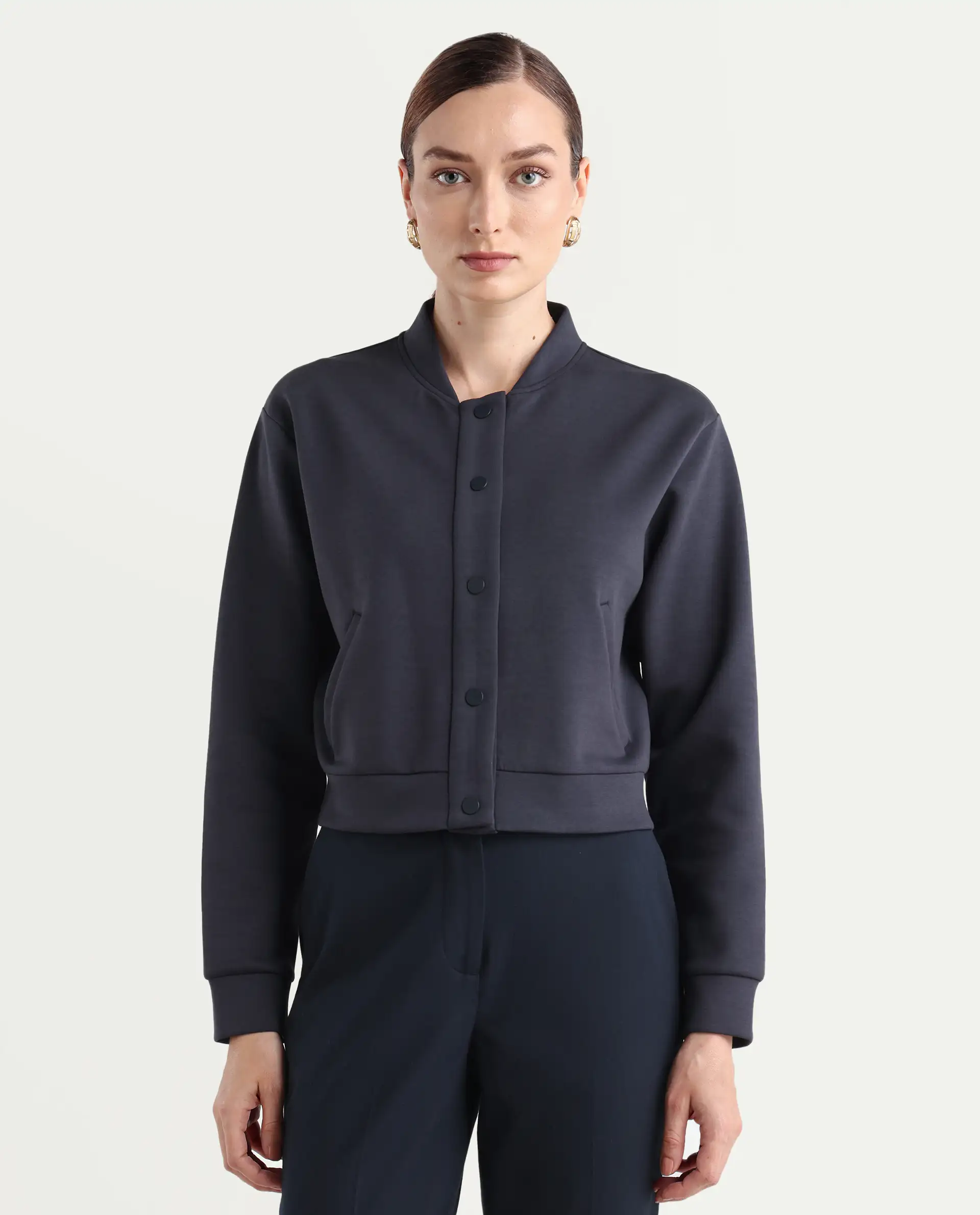 Rareism Women's Nitt Navy Cotton Blend Stand Collar Regular Fit Jacket - Image 3