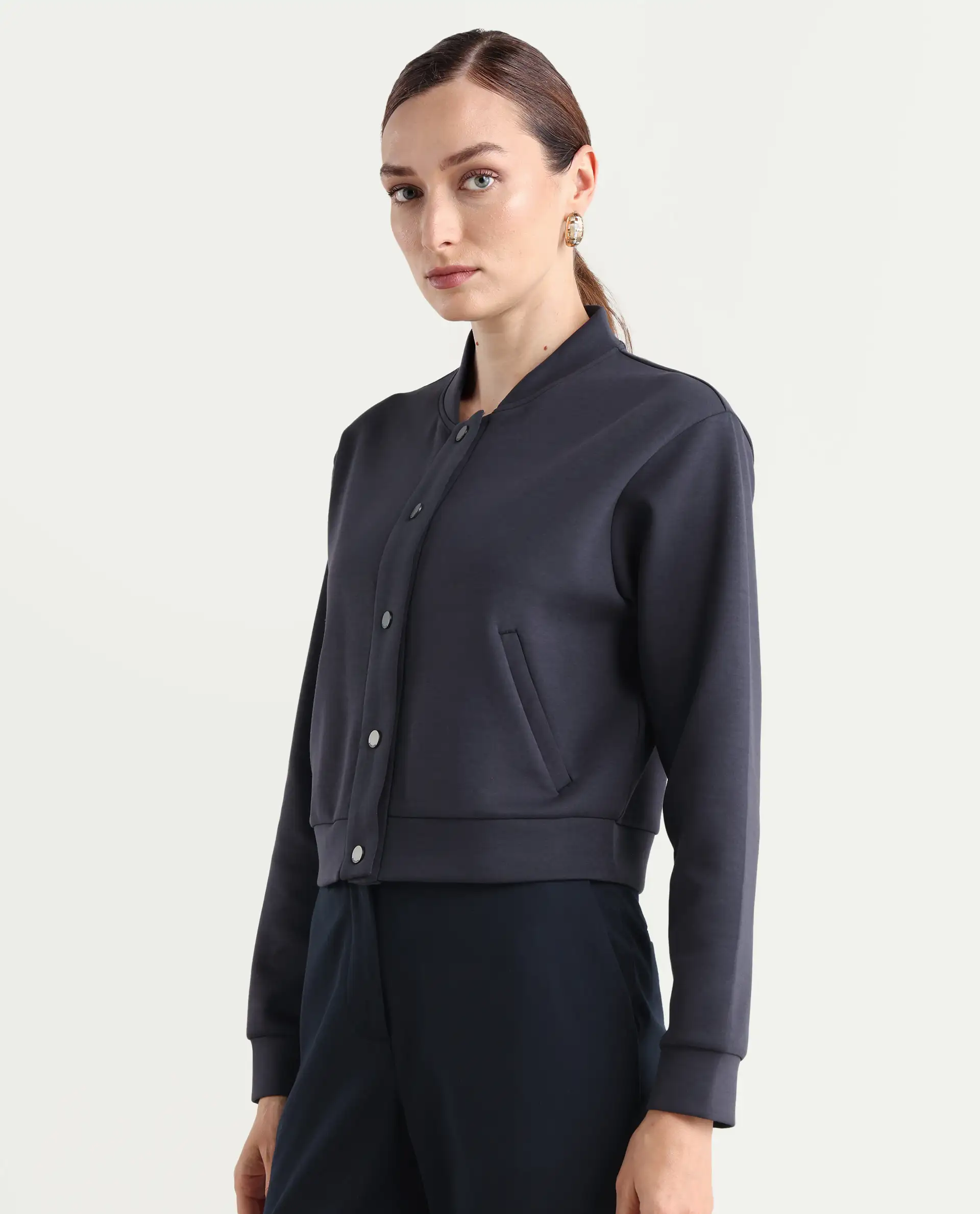 Rareism Women's Nitt Navy Cotton Blend Stand Collar Regular Fit Jacket - Image 6