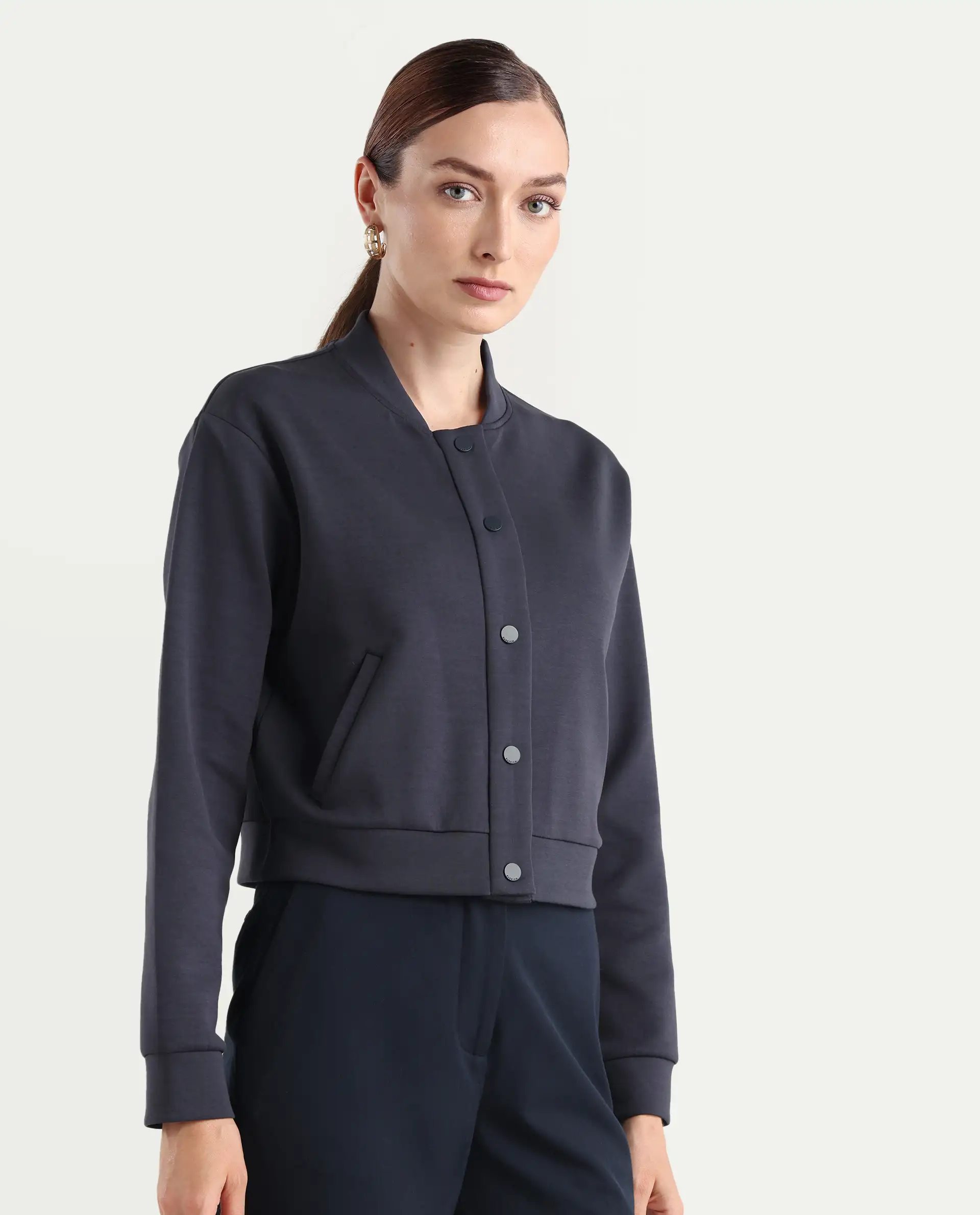 Rareism Women's Nitt Navy Cotton Blend Stand Collar Regular Fit Jacket - Image 7