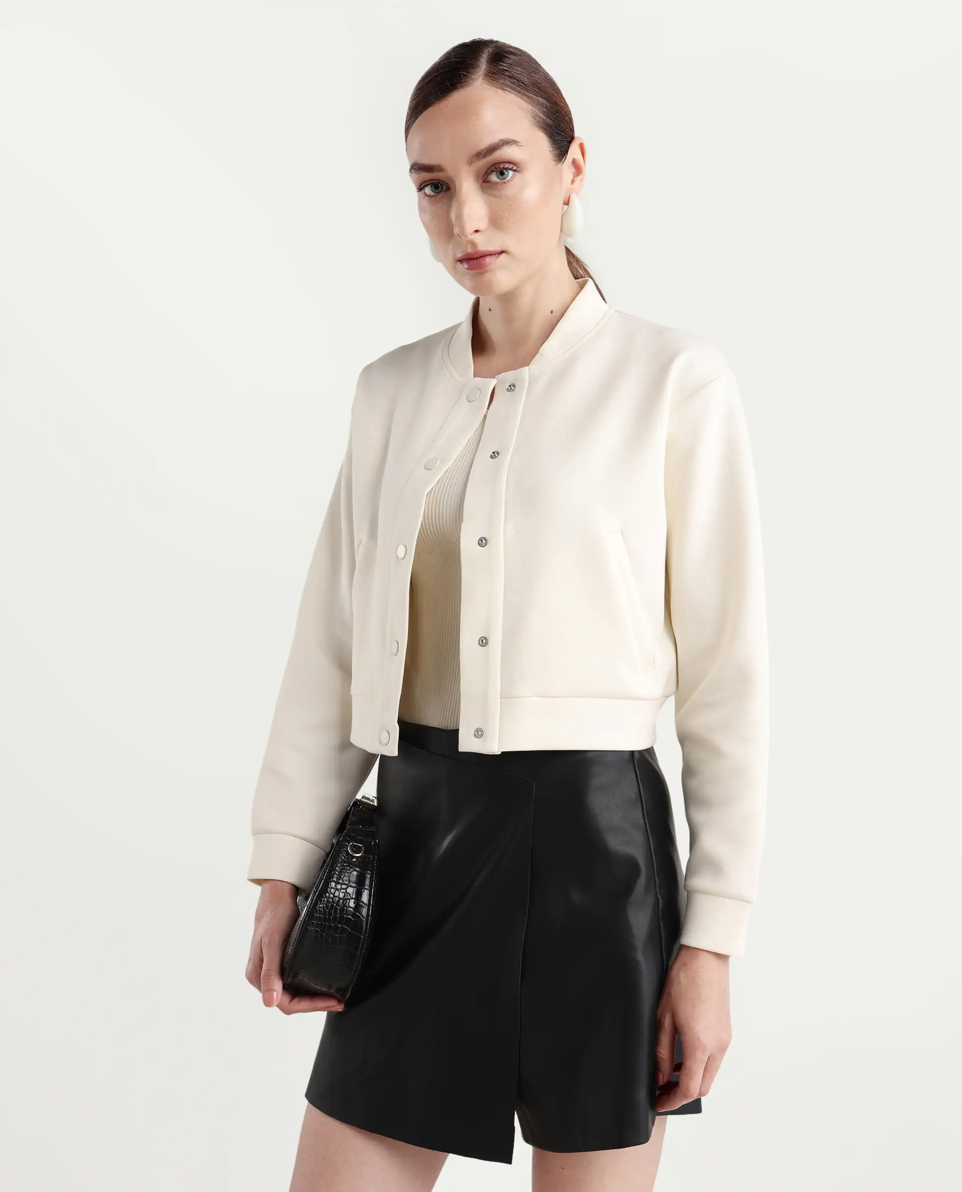 Rareism Women's Nitt Off White Cotton Blend Stand Collar Regular Fit Jacket