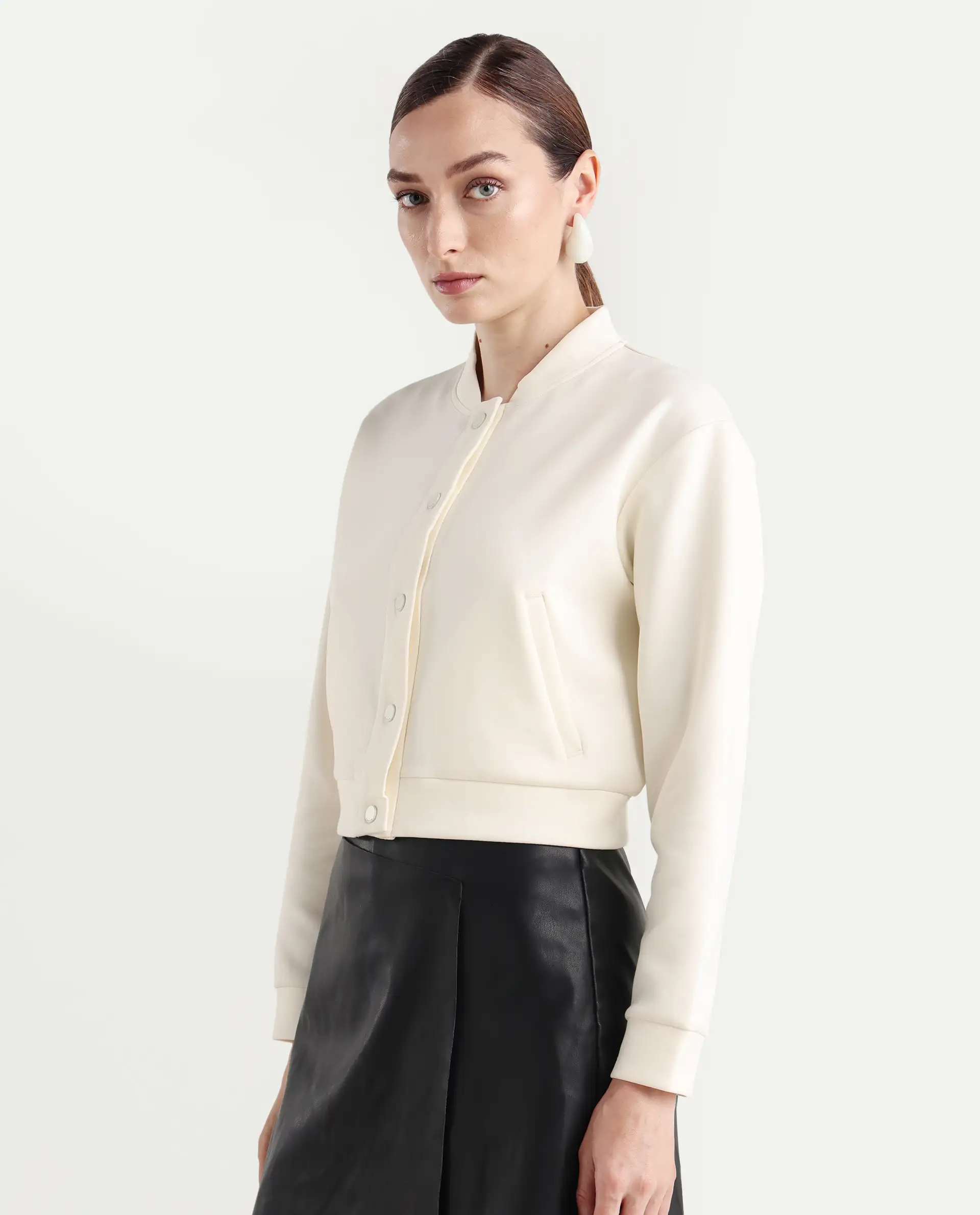Rareism Women's Nitt Off White Cotton Blend Stand Collar Regular Fit Jacket - Image 6