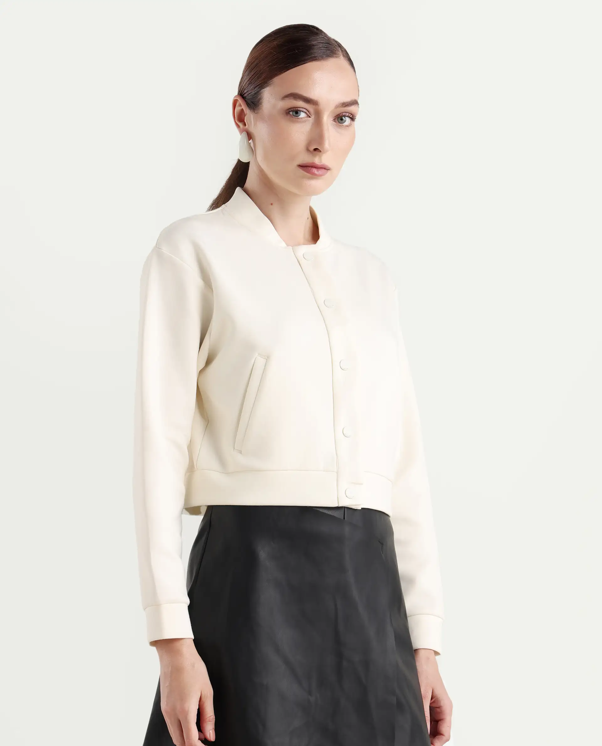 Rareism Women's Nitt Off White Cotton Blend Stand Collar Regular Fit Jacket - Image 7