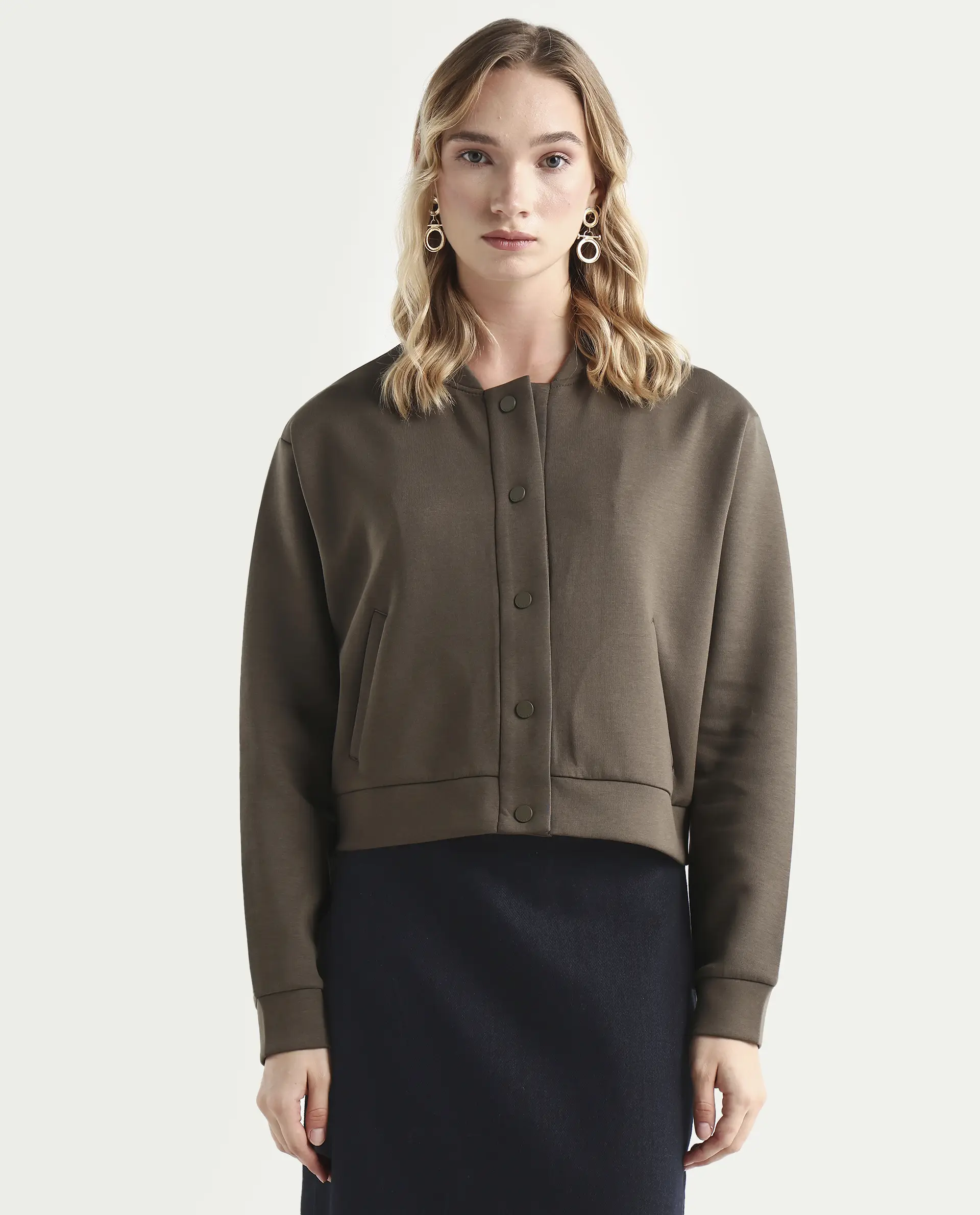 Rareism Women's Nitt Olive Cotton Blend Stand Collar Regular Fit Jacket - Image 3