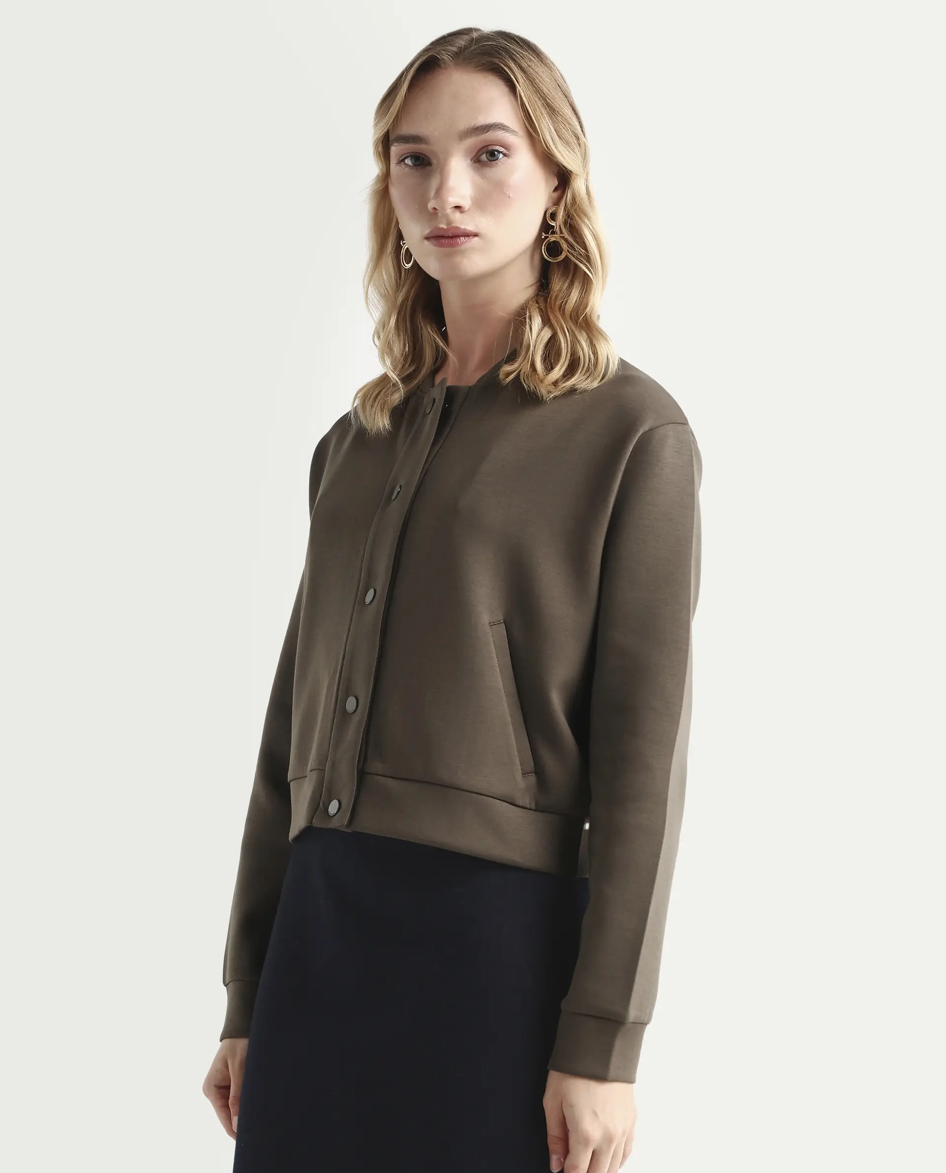 Rareism Women's Nitt Olive Cotton Blend Stand Collar Regular Fit Jacket - Image 5