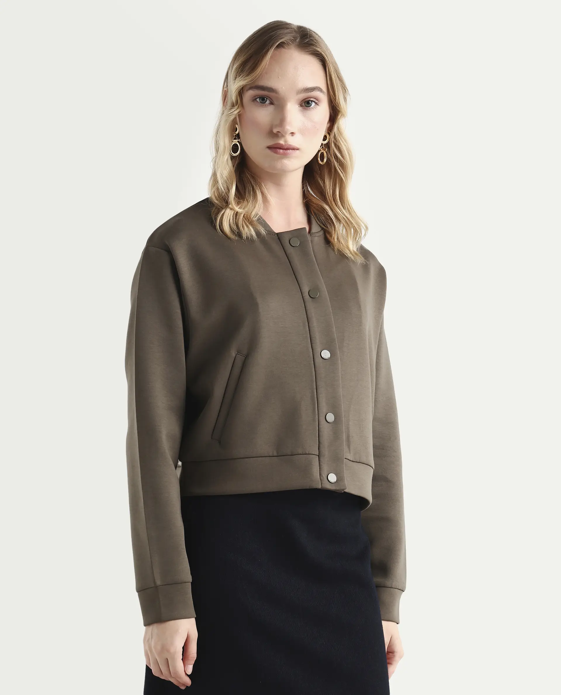 Rareism Women's Nitt Olive Cotton Blend Stand Collar Regular Fit Jacket - Image 6