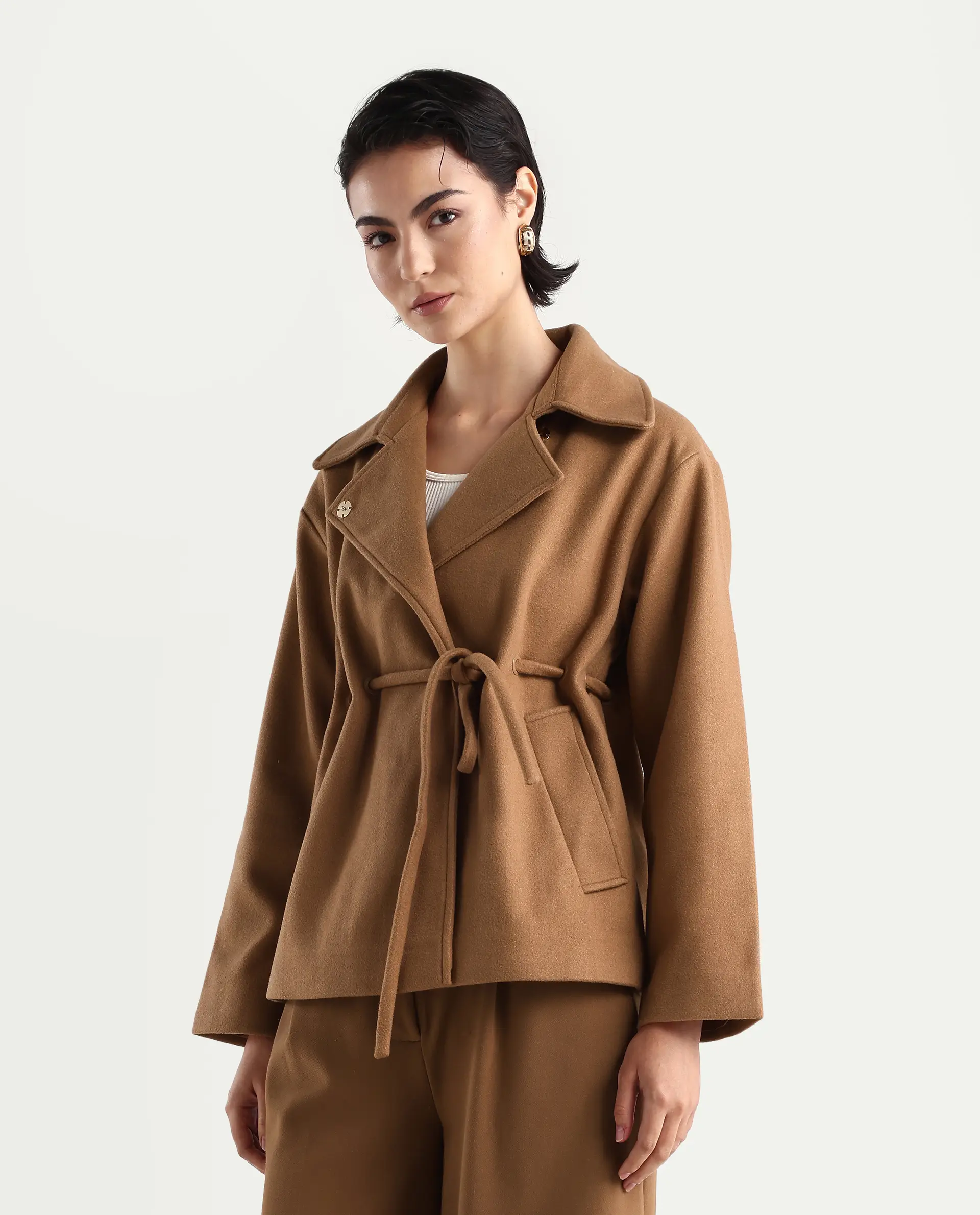 Rareism Women's Nittiz Tan Polyester Blend Spread Collar Regular Fit Jacket - Image 5