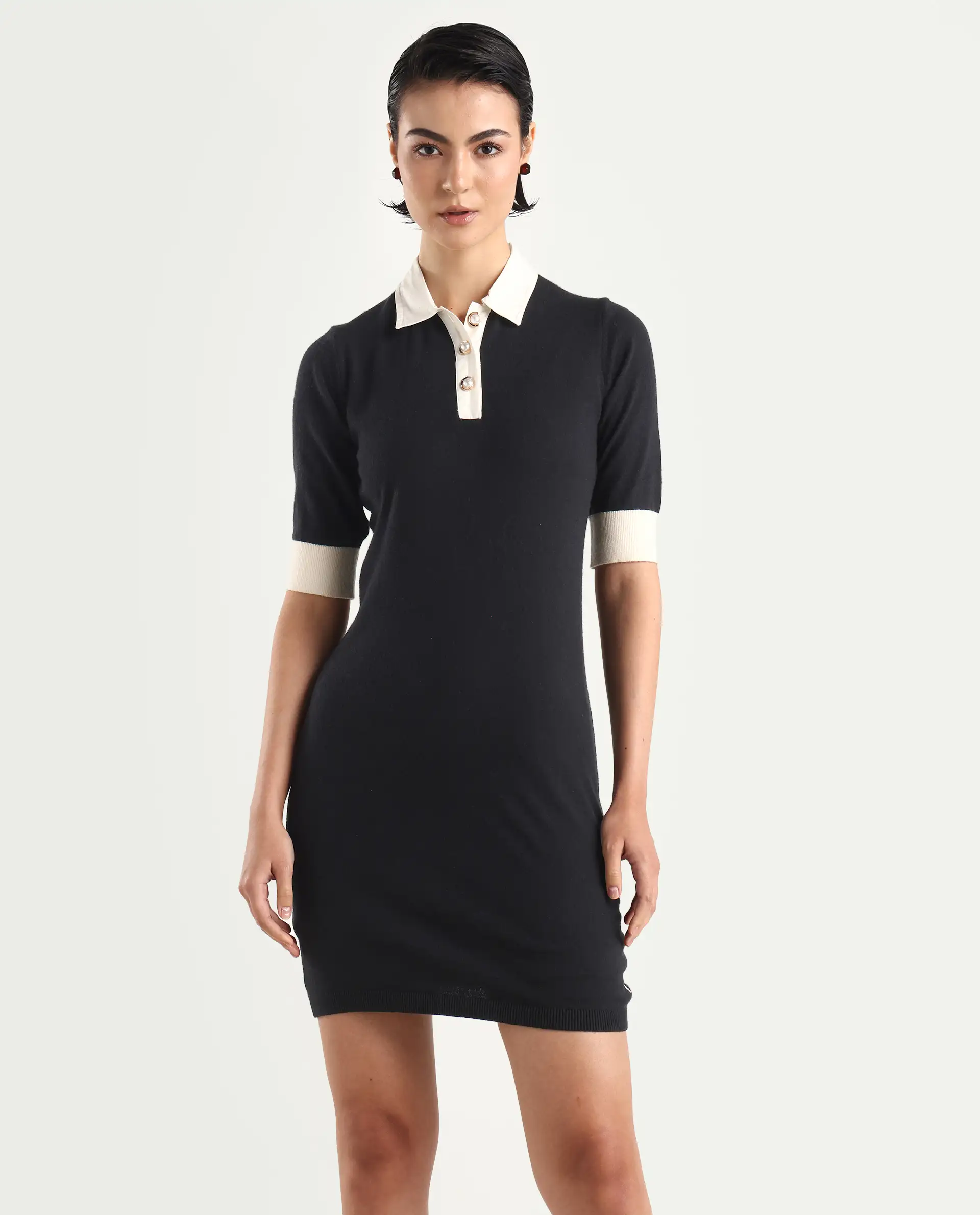Rareism Women's Nitu Black Nylon Drop Collar Plain Knee Length Bodycon Dress - Image 3