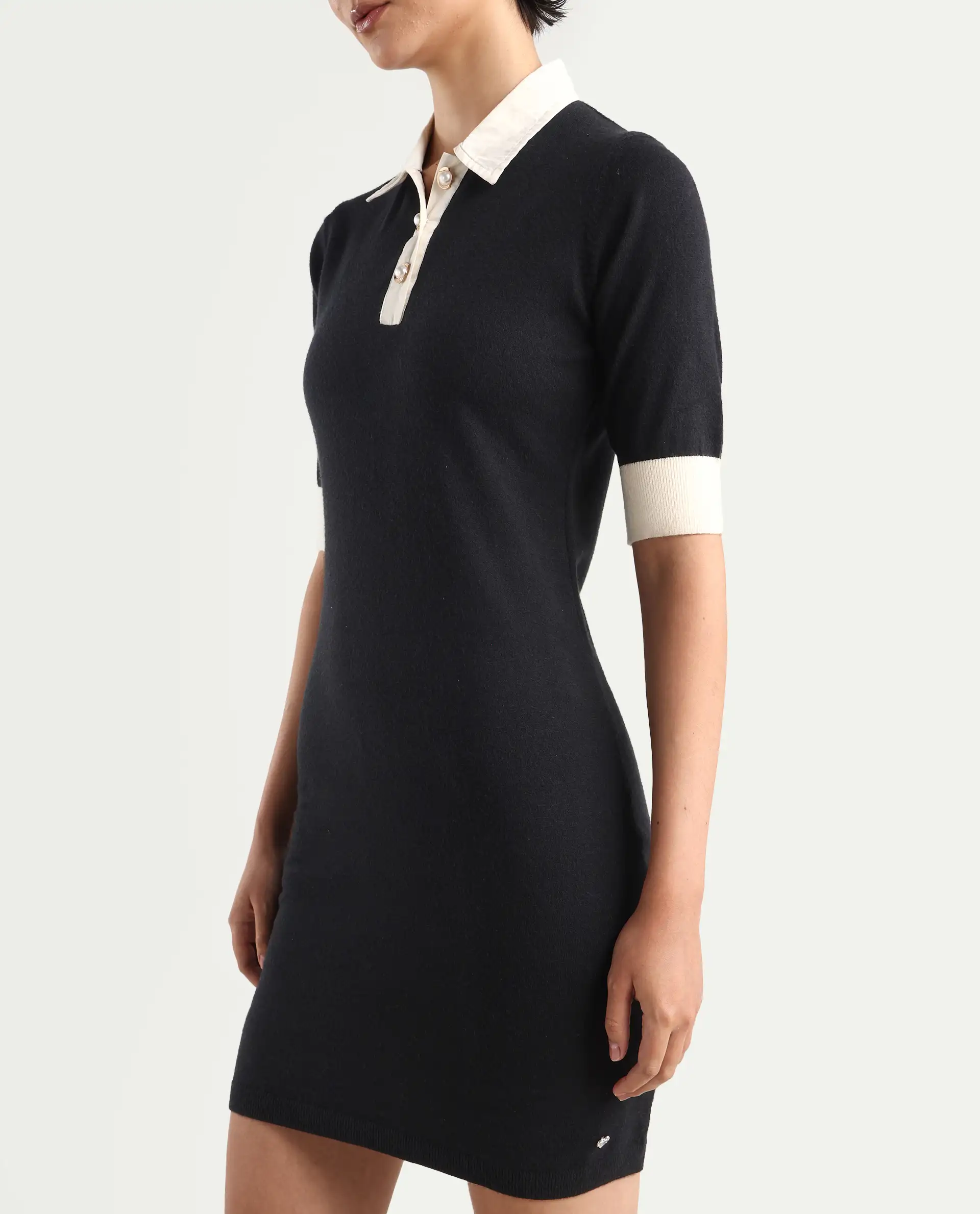 Rareism Women's Nitu Black Nylon Drop Collar Plain Knee Length Bodycon Dress - Image 4