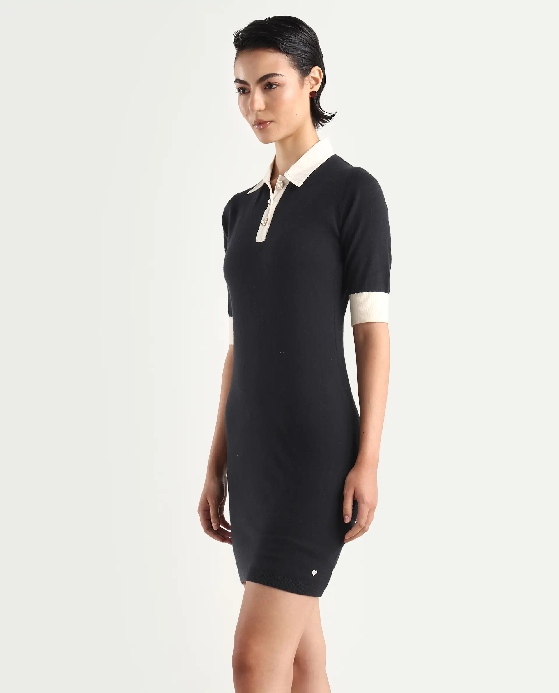 Rareism Women's Nitu Black Nylon Drop Collar Plain Knee Length Bodycon Dress - Image 5