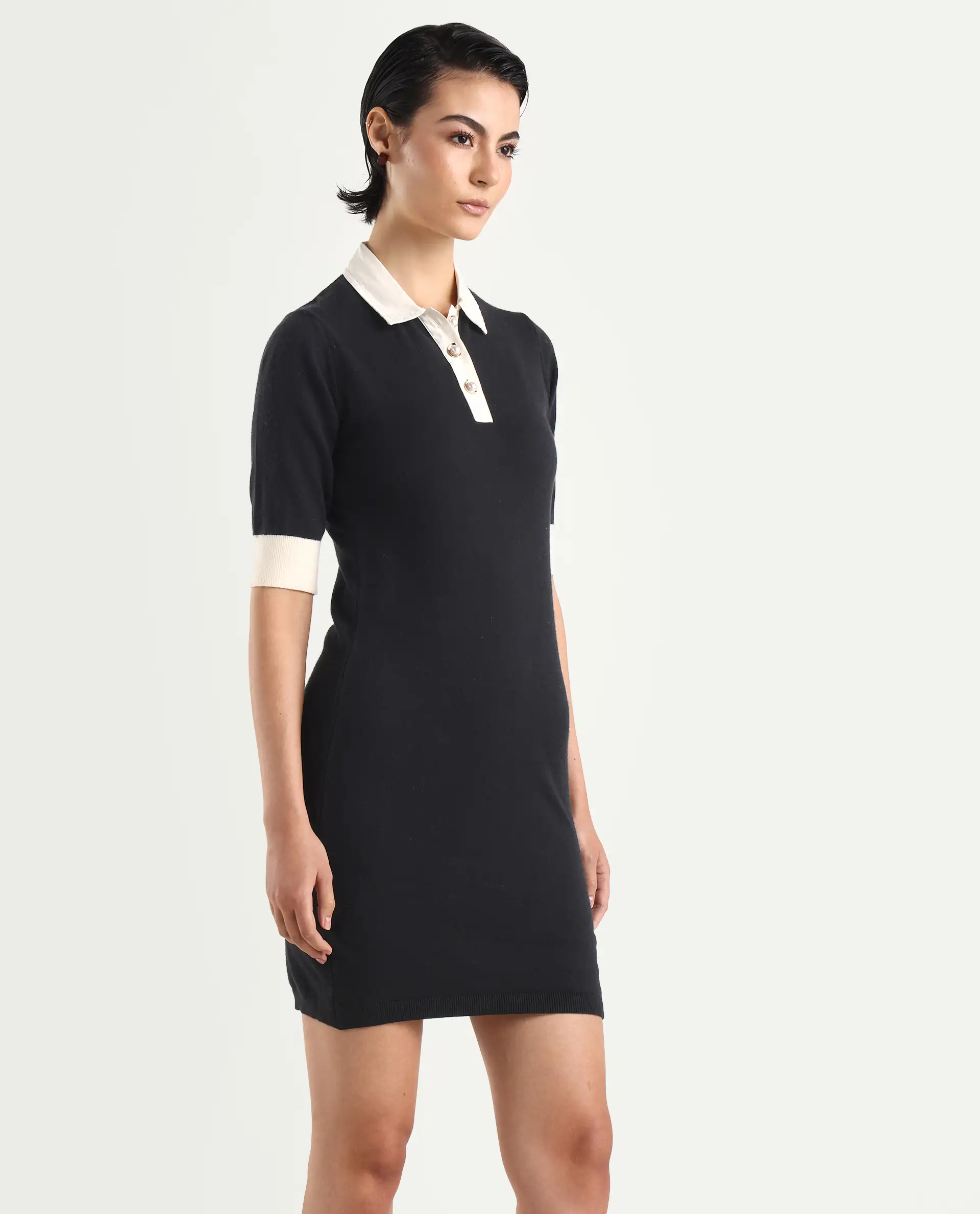 Rareism Women's Nitu Black Nylon Drop Collar Plain Knee Length Bodycon Dress - Image 6