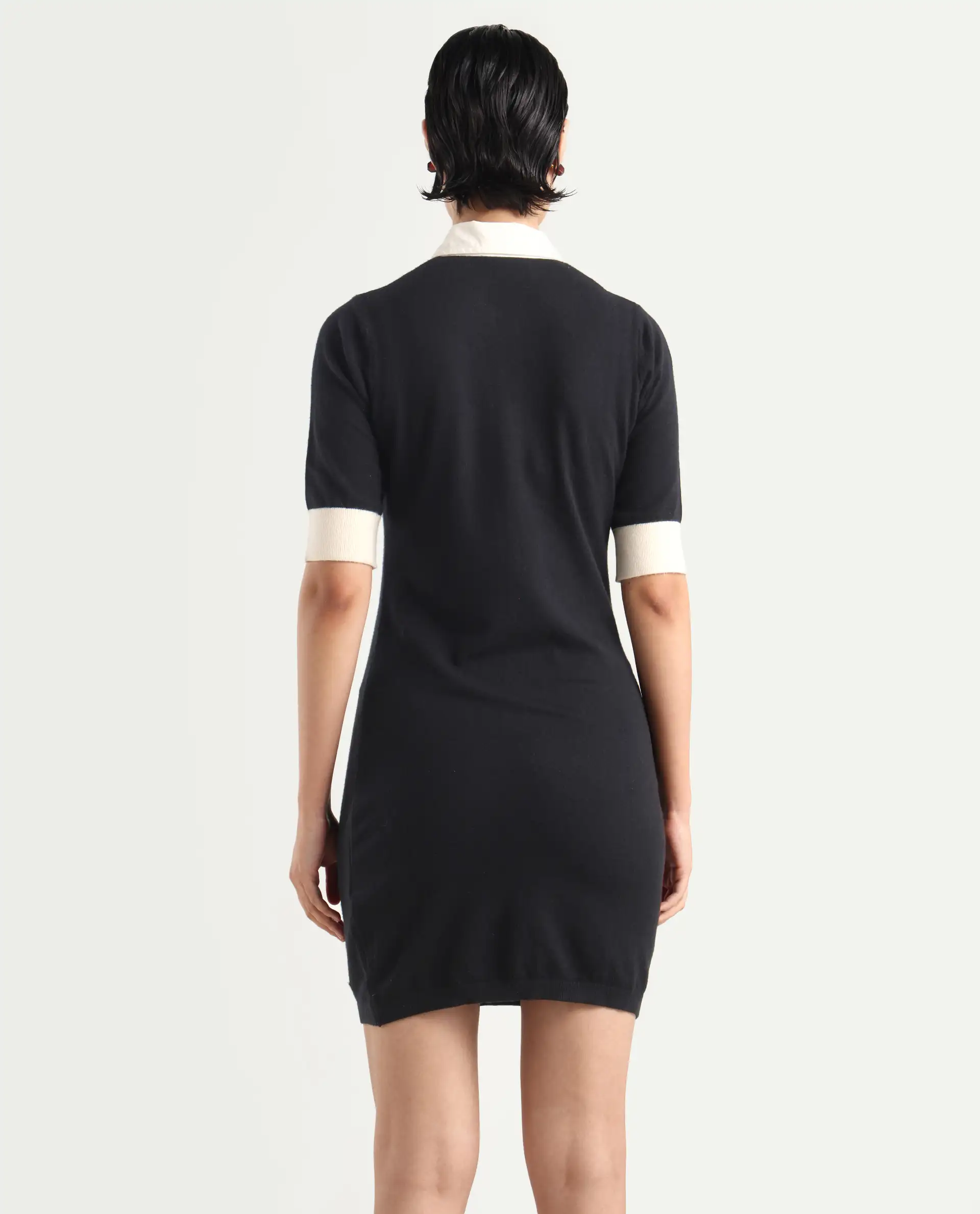 Rareism Women's Nitu Black Nylon Drop Collar Plain Knee Length Bodycon Dress - Image 7