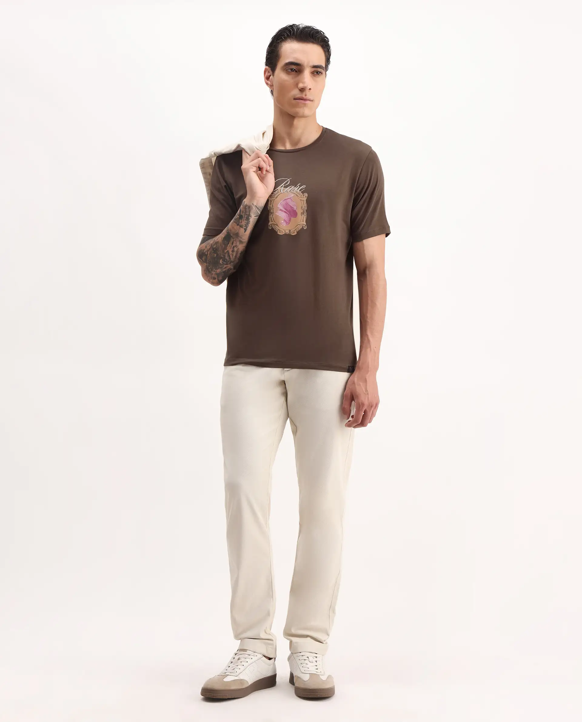 Rare Rabbit Men's Niva Dark Brown Cotton Graphic Print Regular Fit Half Sleeve Crew Neck T-Shirt - Image 2