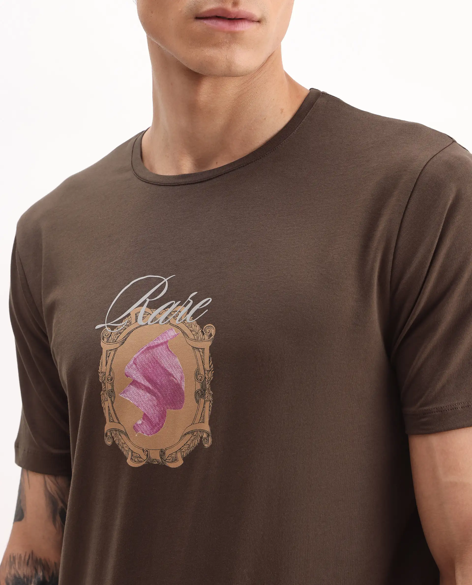 Rare Rabbit Men's Niva Dark Brown Cotton Graphic Print Regular Fit Half Sleeve Crew Neck T-Shirt - Image 3
