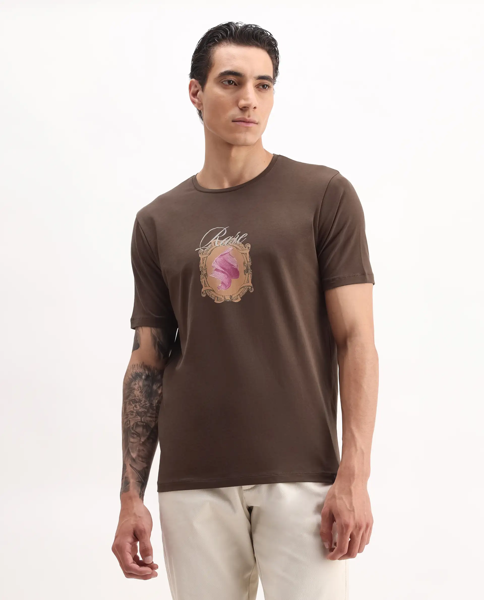 Rare Rabbit Men's Niva Dark Brown Cotton Graphic Print Regular Fit Half Sleeve Crew Neck T-Shirt - Image 4