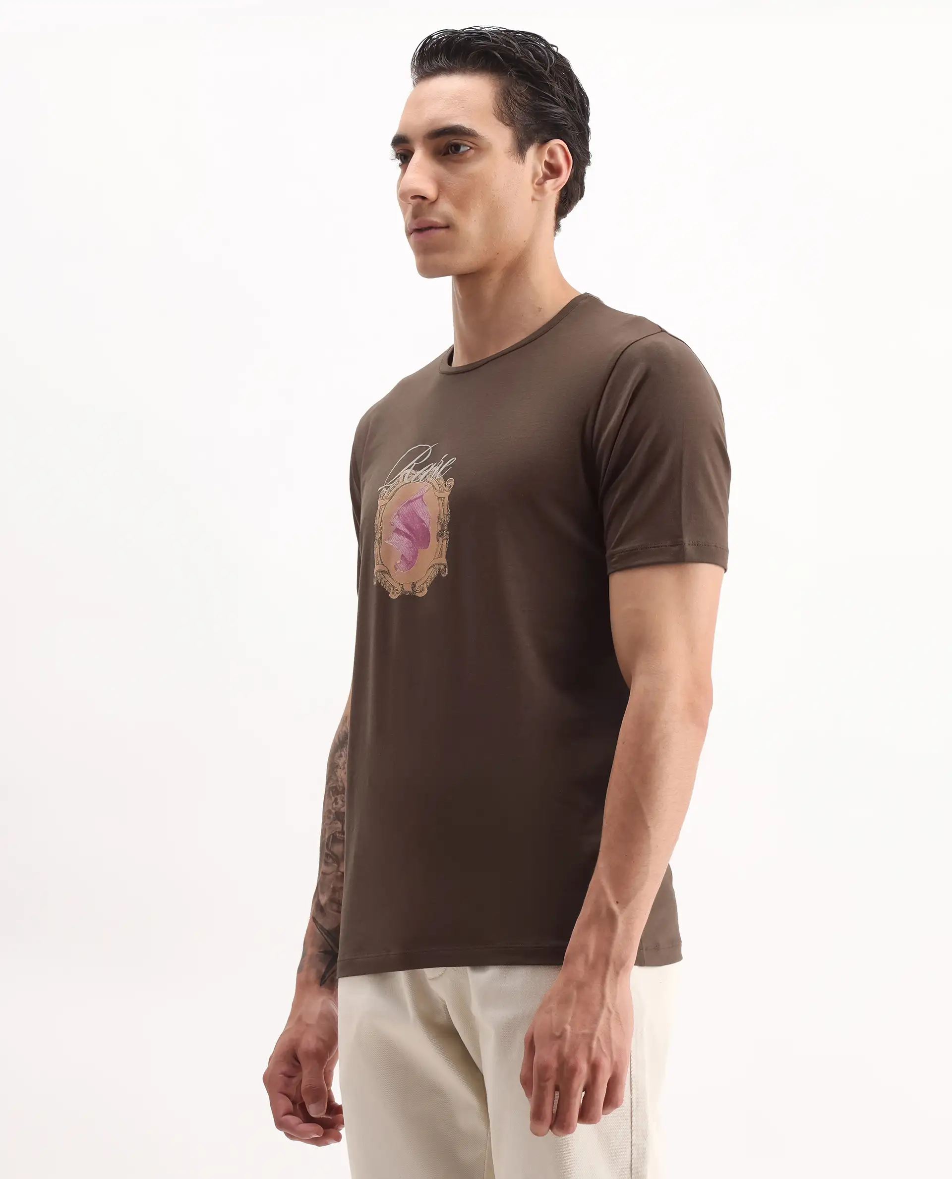 Rare Rabbit Men's Niva Dark Brown Cotton Graphic Print Regular Fit Half Sleeve Crew Neck T-Shirt - Image 5