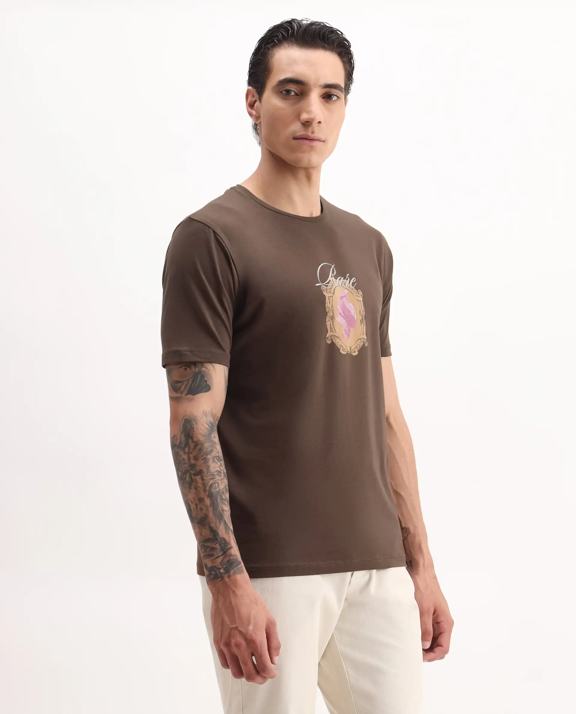 Rare Rabbit Men's Niva Dark Brown Cotton Graphic Print Regular Fit Half Sleeve Crew Neck T-Shirt - Image 6