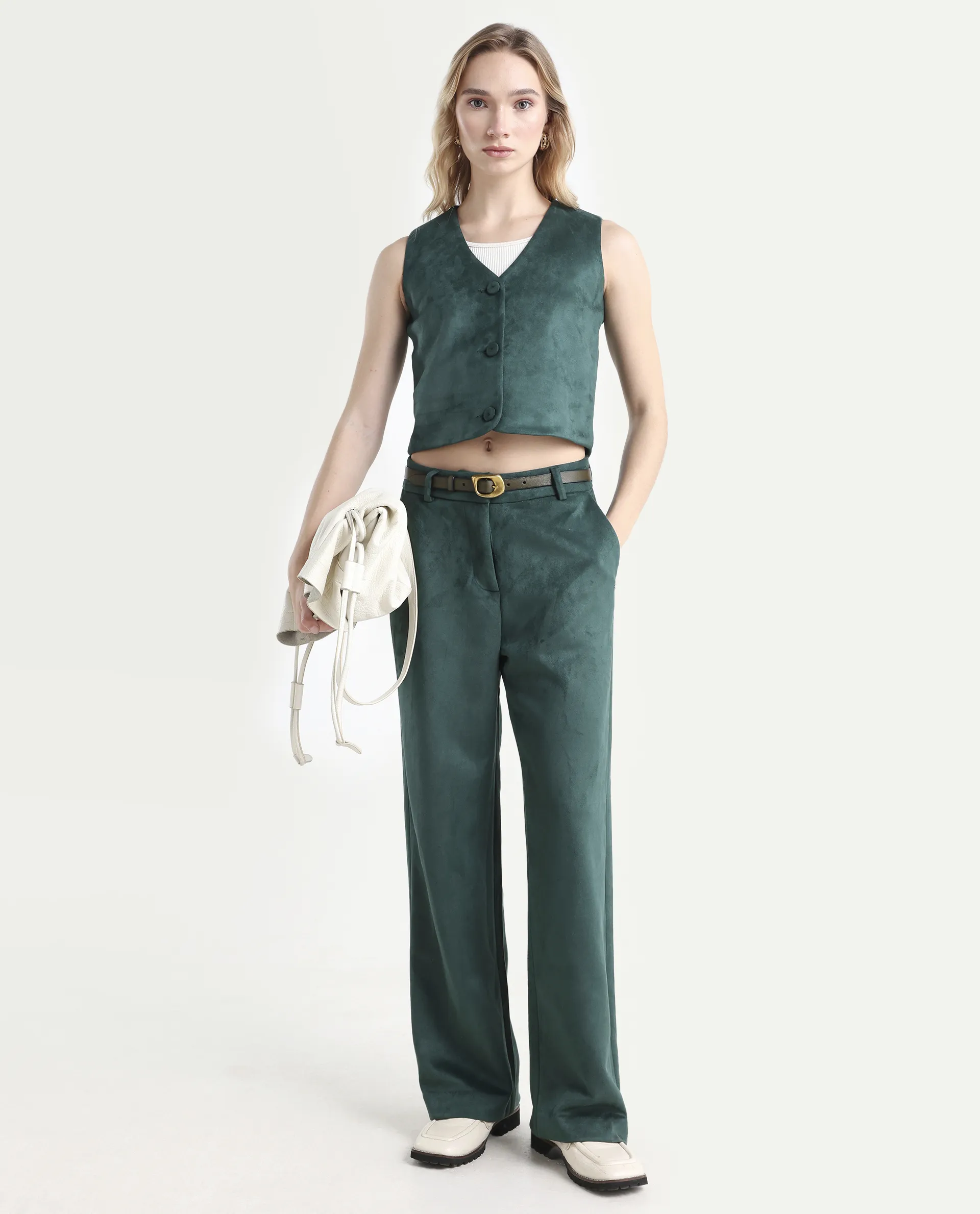 Rareism Women's Niwast-B Green Polyester Blend Straight Fit Travel Trouser