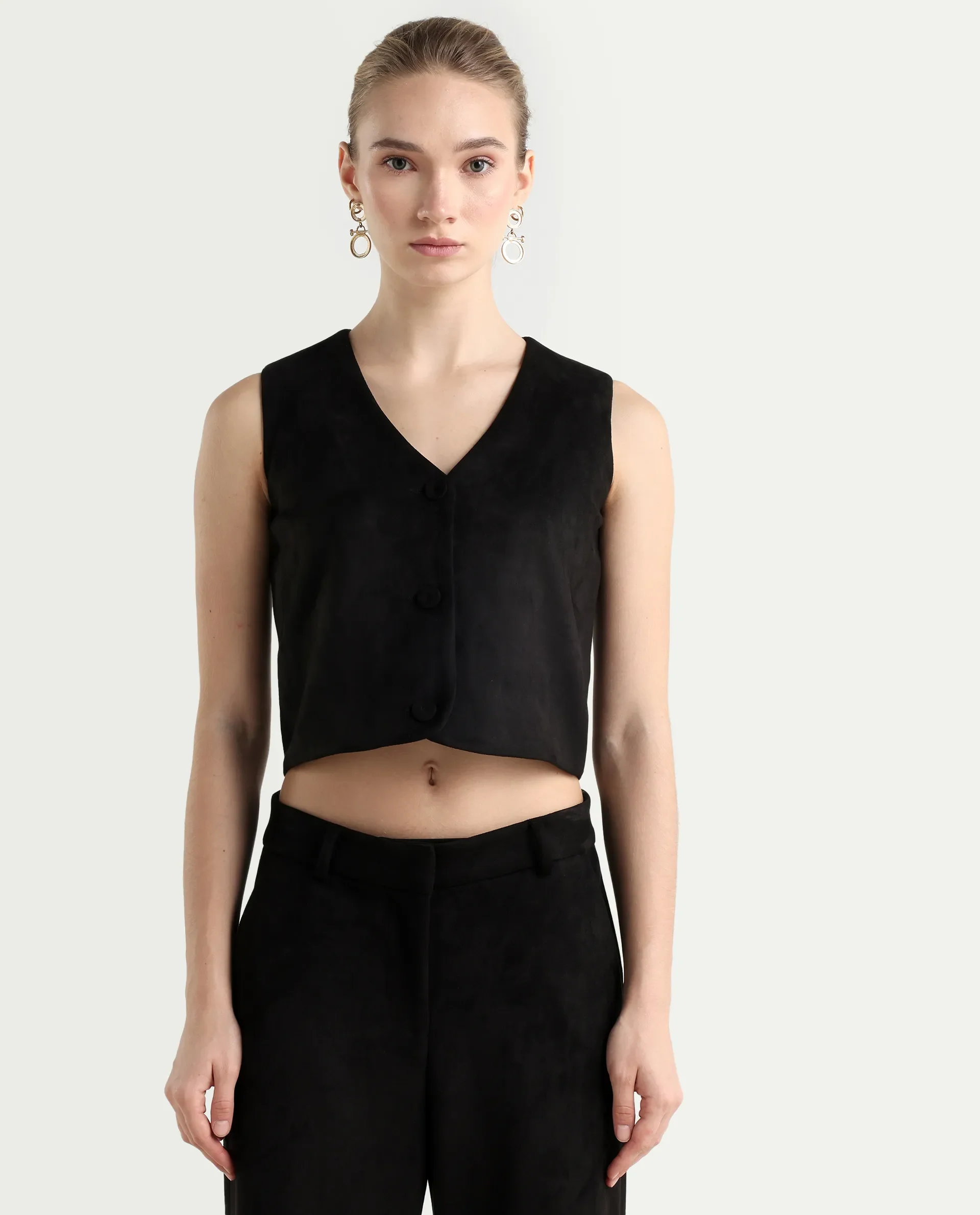 Rareism Women's Niwast-T Black Polyester Blend V-Neck Regular Fit Waist Coat - Image 3